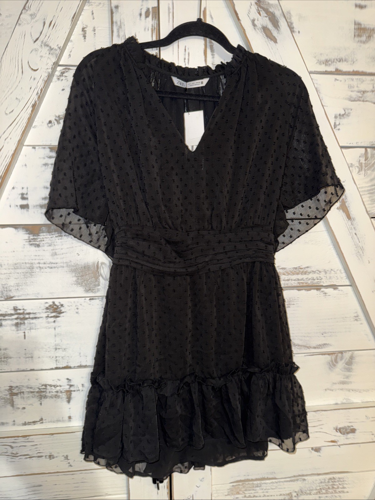 ZARA Black Pointelle Flutter Sleeve Semi Sheer Tunic Dress- Whimsigoth Fairy