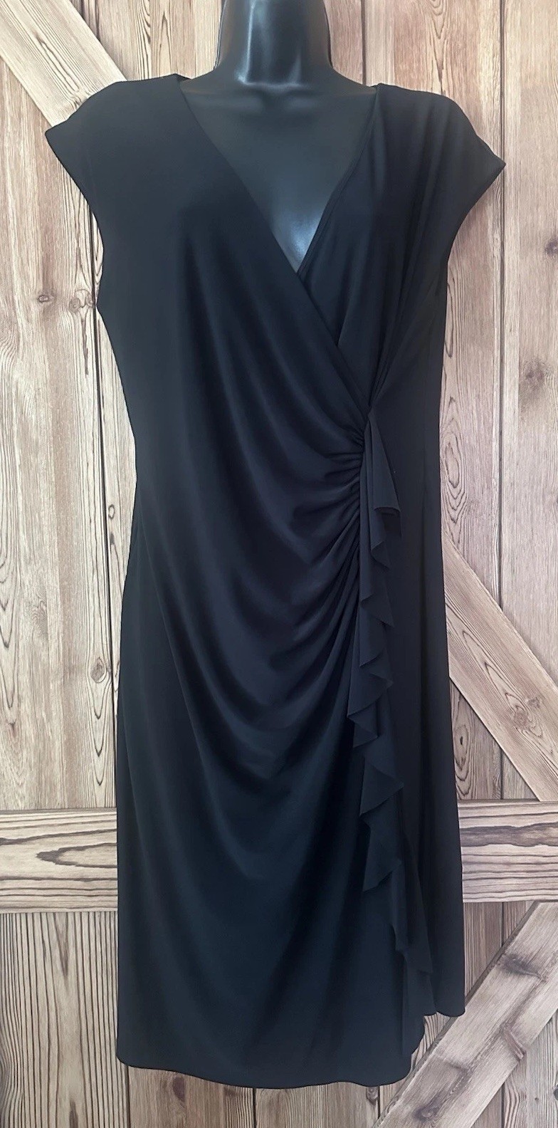 ESTABLISHED 1962 Black V-Neck Cap-Sleeve Faux Wrap Stretchy Dress Size 12