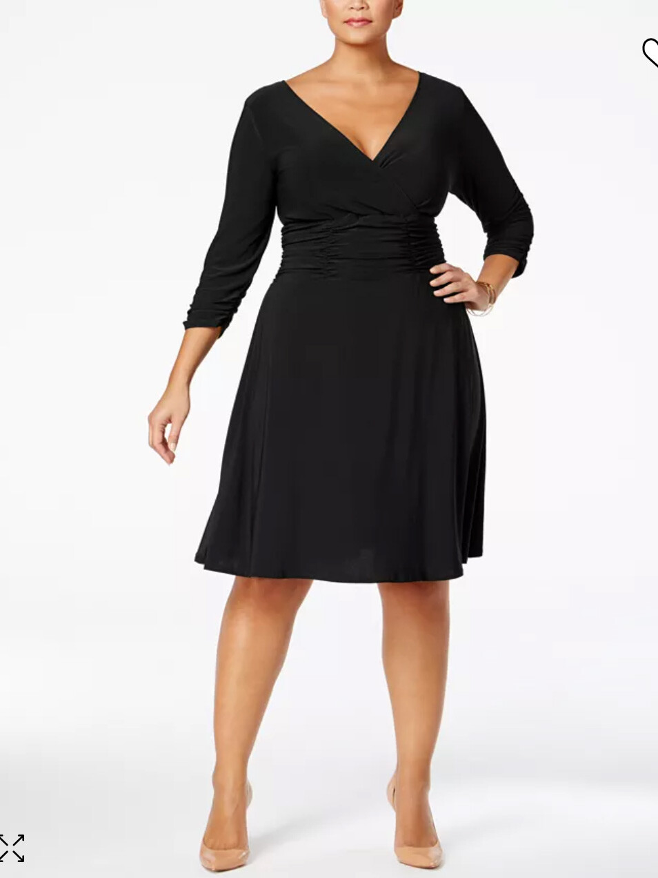 NY COLLECTION Ruched Waist Dress 3/4 Sleeve V Neck Knee Length Wear To Work Plus
