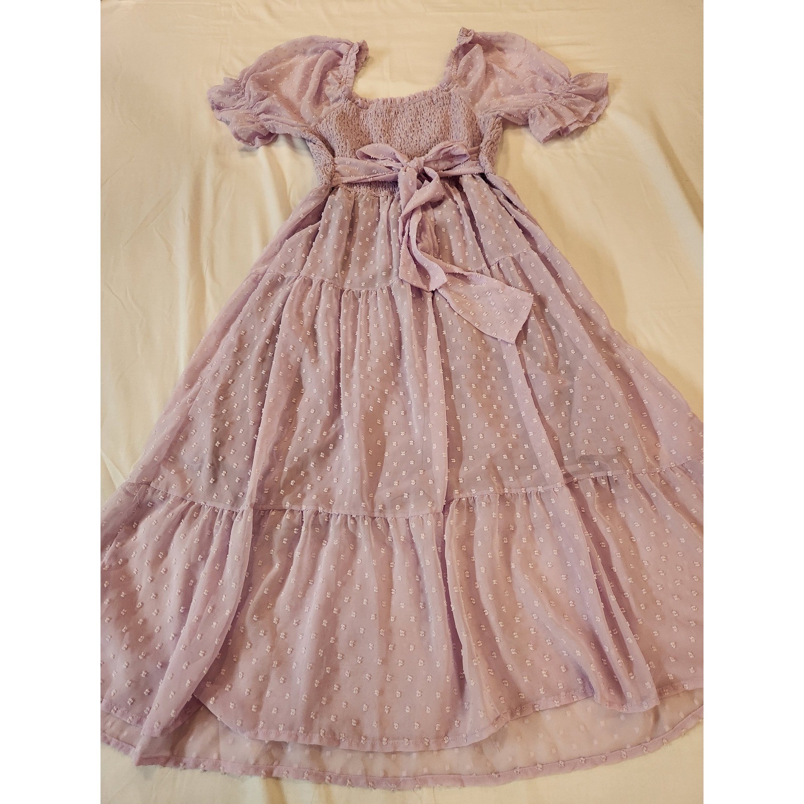 Merokeety Womens Lavender Swiss Dot Smocked Midi Dress Puff Sleeve Tiered Large