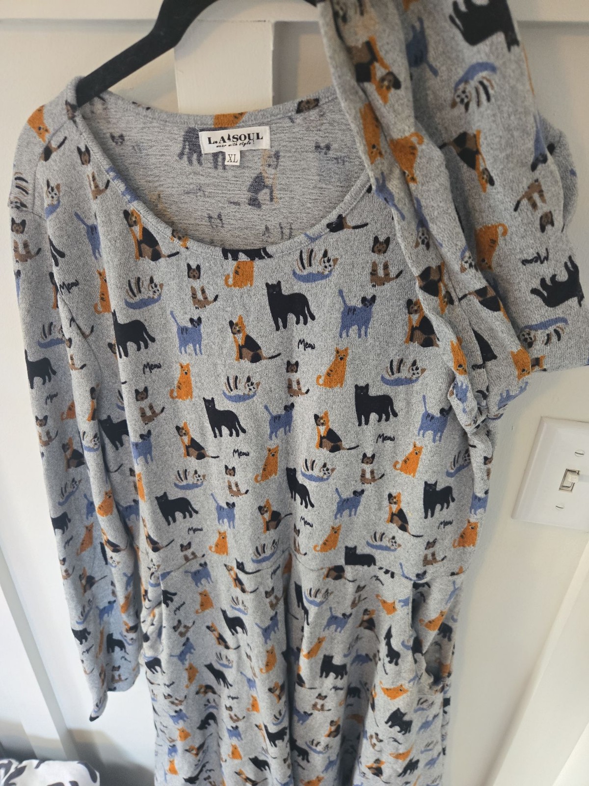 L.A. Soul Gray Cat Print Long Sleeve Fit and Flare Dress XL