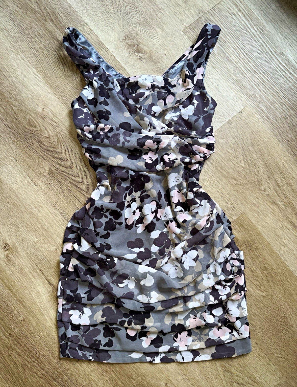 Express Gray Floral Ruched Cowl Neck Sleeveless Mini Bodycon Dress Size 6