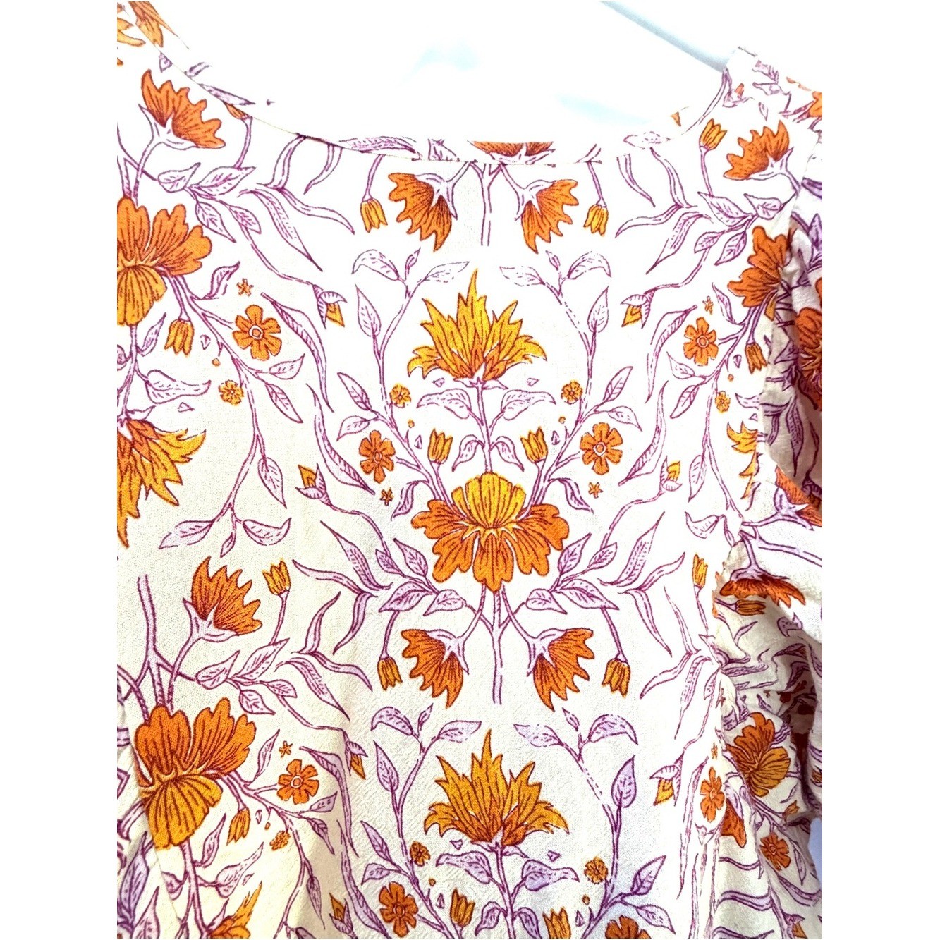 Floral Cotton Indian Block Print Fabric Mini Dress in Peach, Size XS-M