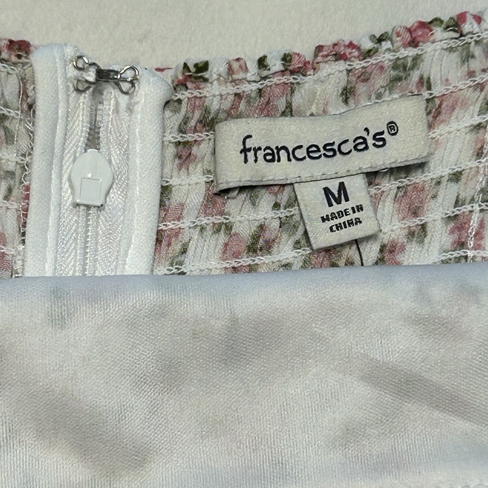 Francesca’s White Pink Green Floral Smocked Puff Sleeve Square Neck Midi M (160)