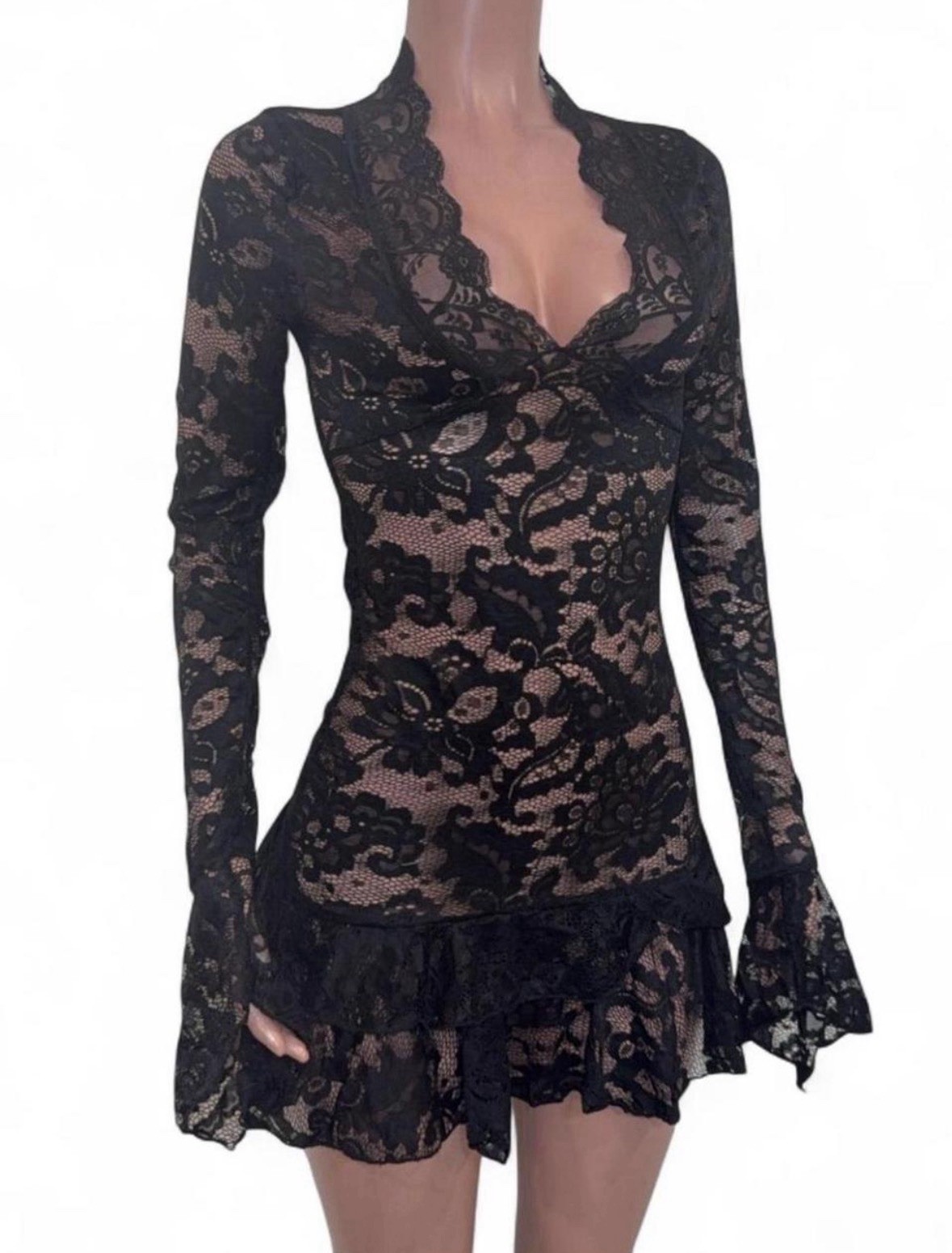 Fairy Black Lace Ruffled Micro Mini Dress M Festival Going Out See Thru Beachy