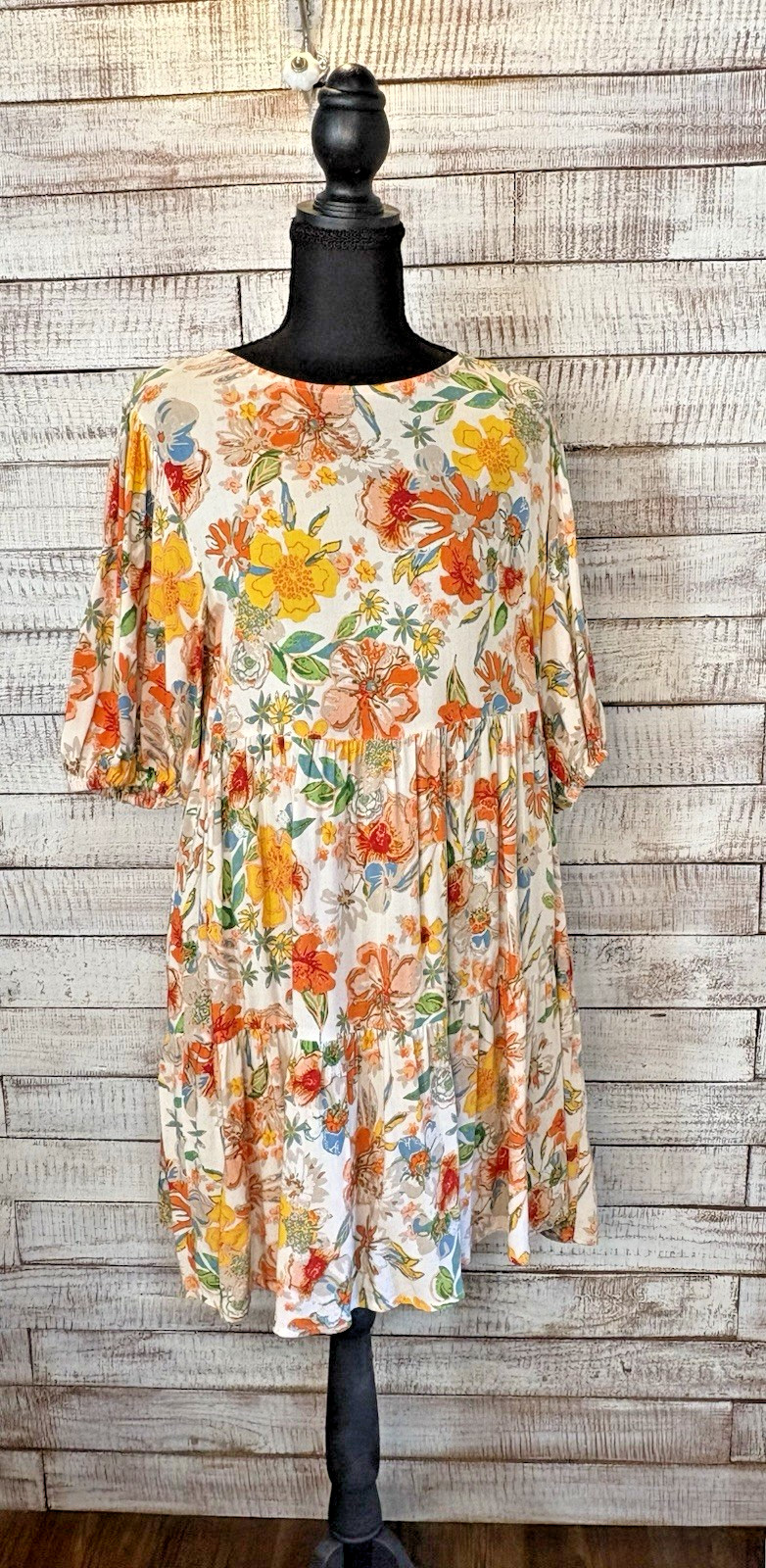 Flying Tomato Women’s Floral Babydoll Dress Medium Ivory Orange Tiered Boho Mini