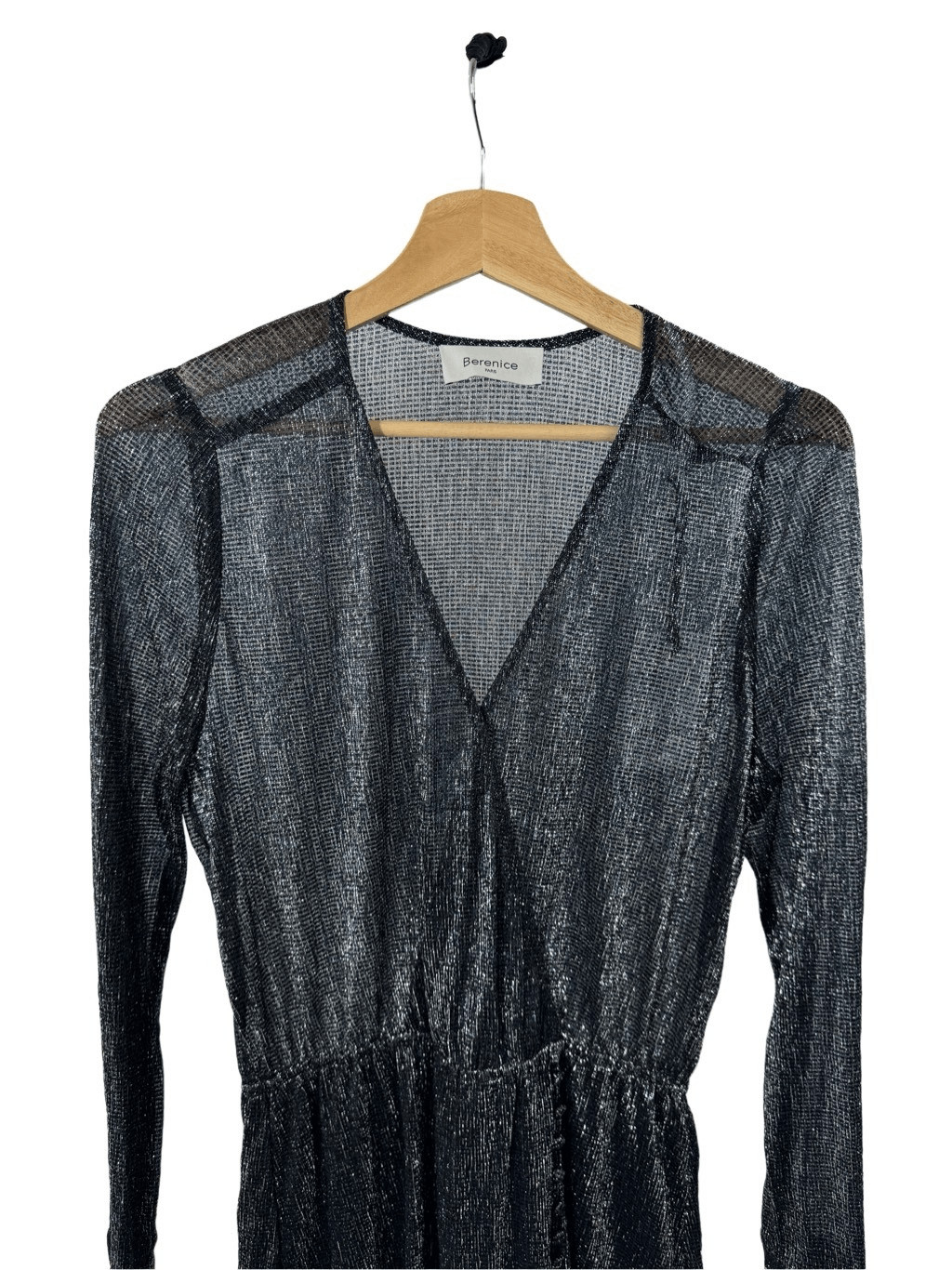 NWT Berenice Metallic Black Long Sleeve Mesh A-line Dress V-neck Ruffle Hem
