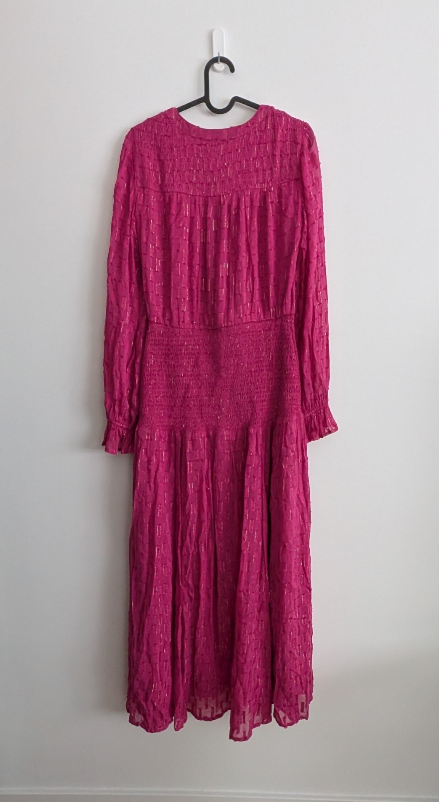 Anthropologie Smocked Long Sleeved Ruched Maxi Dress in Fuchsia Pink Size XS