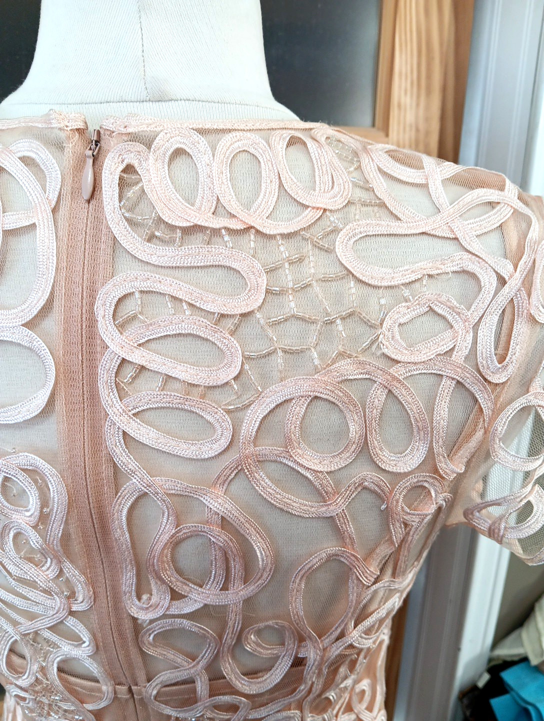 Cinderella Divine Cocktail Dress Ribbons Sequins Beads Overlay Peach Knee NWoT