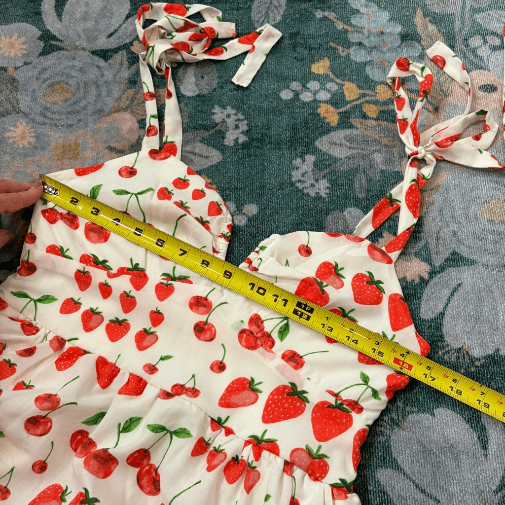 Crystal Doll Midi Dress Womens Large White Red Strawberry Cherry Print Tiered