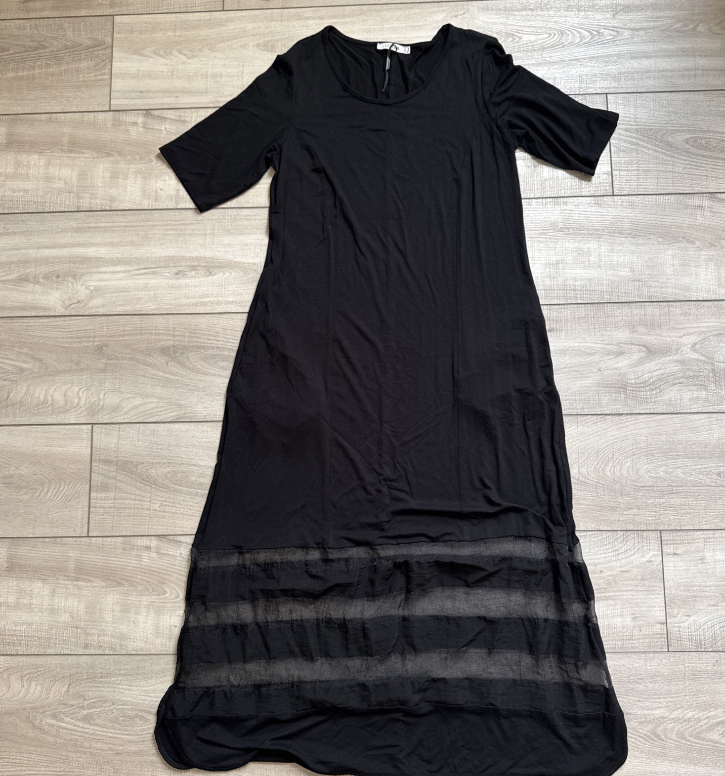 Luukaa Women 6 Black Pullover Midi Dress Sheer Striped Bottom Whimsigoth Pockets
