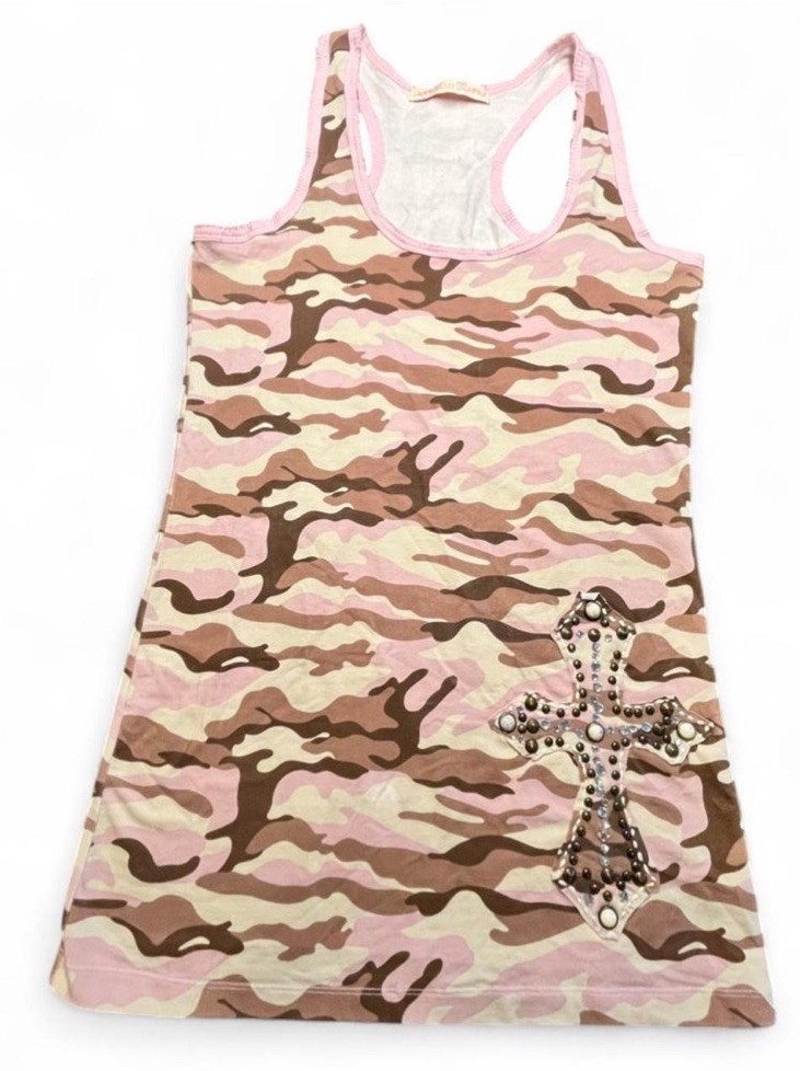 Miss Me Pink camo tank top/mini dress with rhinestone cross, Size: L