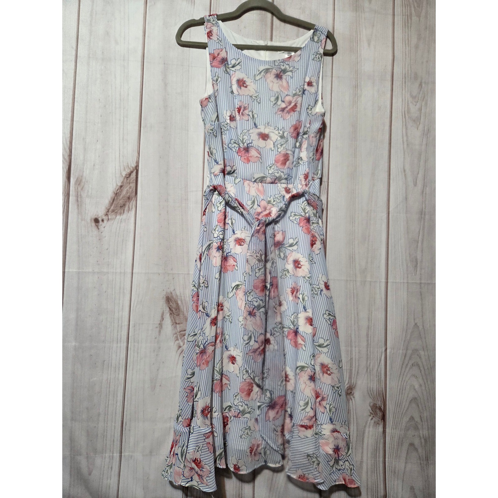 Studio One New York Floral Stripe Sleeveless Midi Dress Blue Pink White Size 14