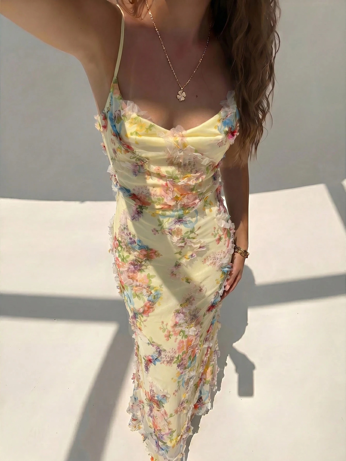 Ladies Elegant Light Yellow Ruffle Collar Maxi Dress