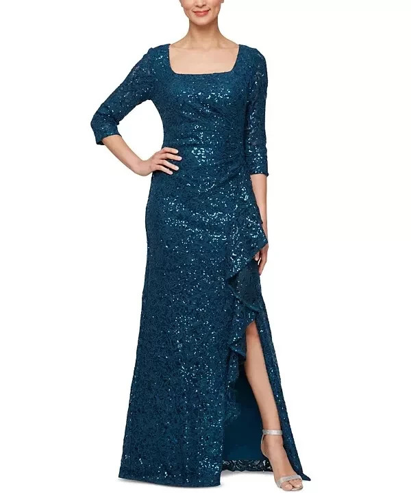 Alex Evenings Deep Teal Blue Sparkle Ruffle Sequin Lace Gown Size 4 $259