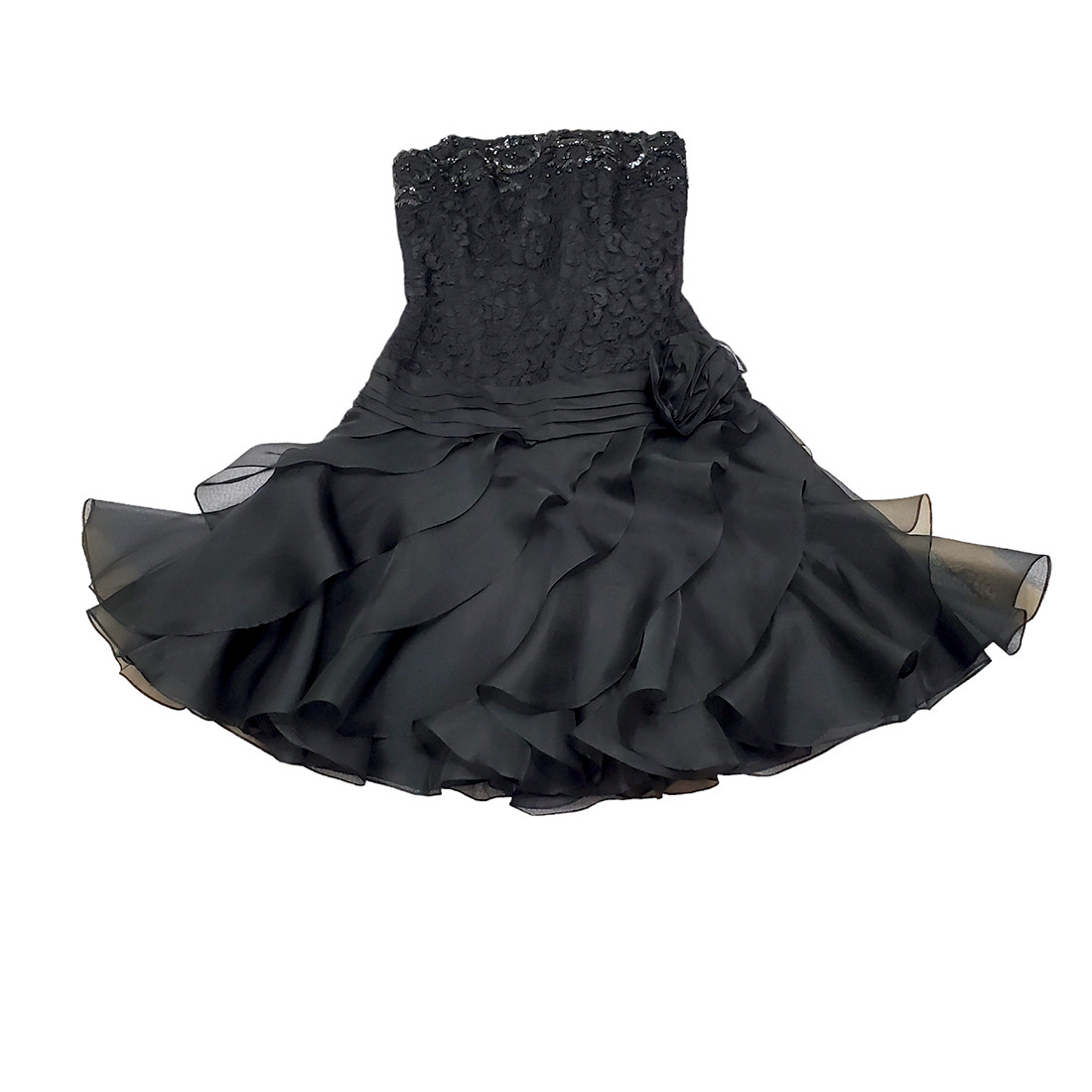 Tadashi Vintage Strapless Silk Dress Petite 4 Black Ruffle Sequin Lace 80s USA