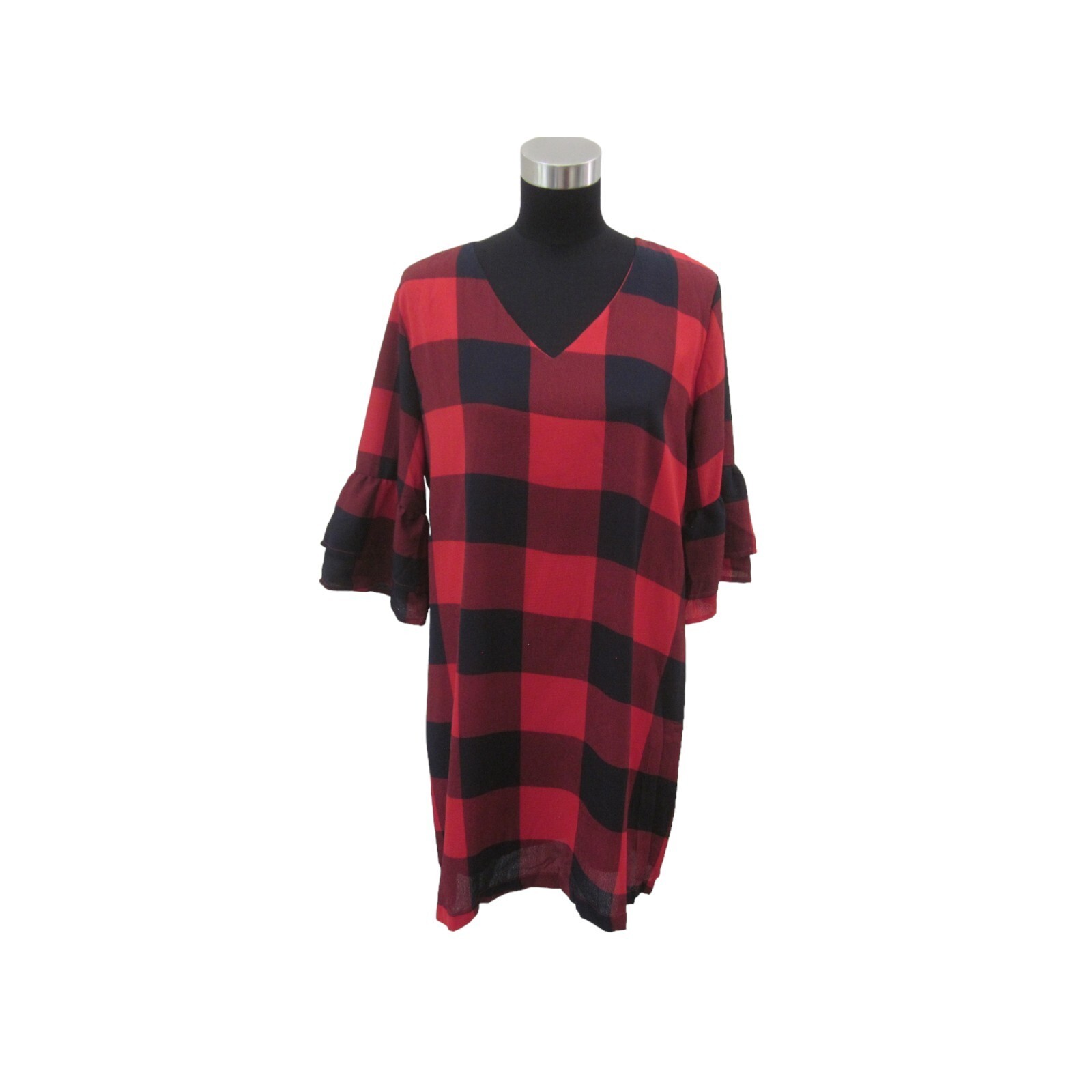 NWT BELONGSCI Red & Black Buffalo Plaid Ruffle Sleeve Dress Sz L