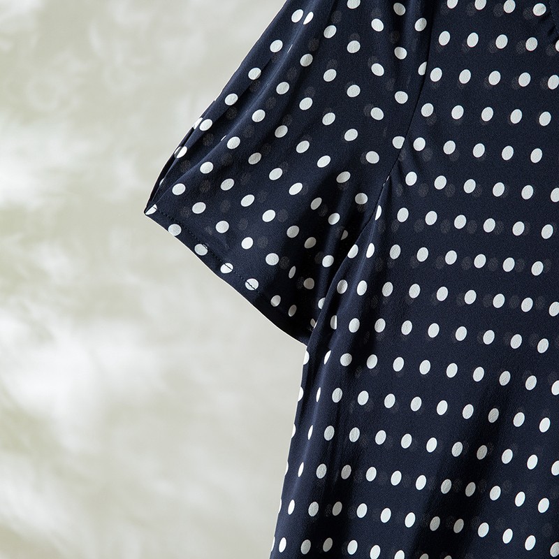 100% Mulbery Silk Navy Polka Dots Short Sleeve Fit Type Women Midi Dress QQ031