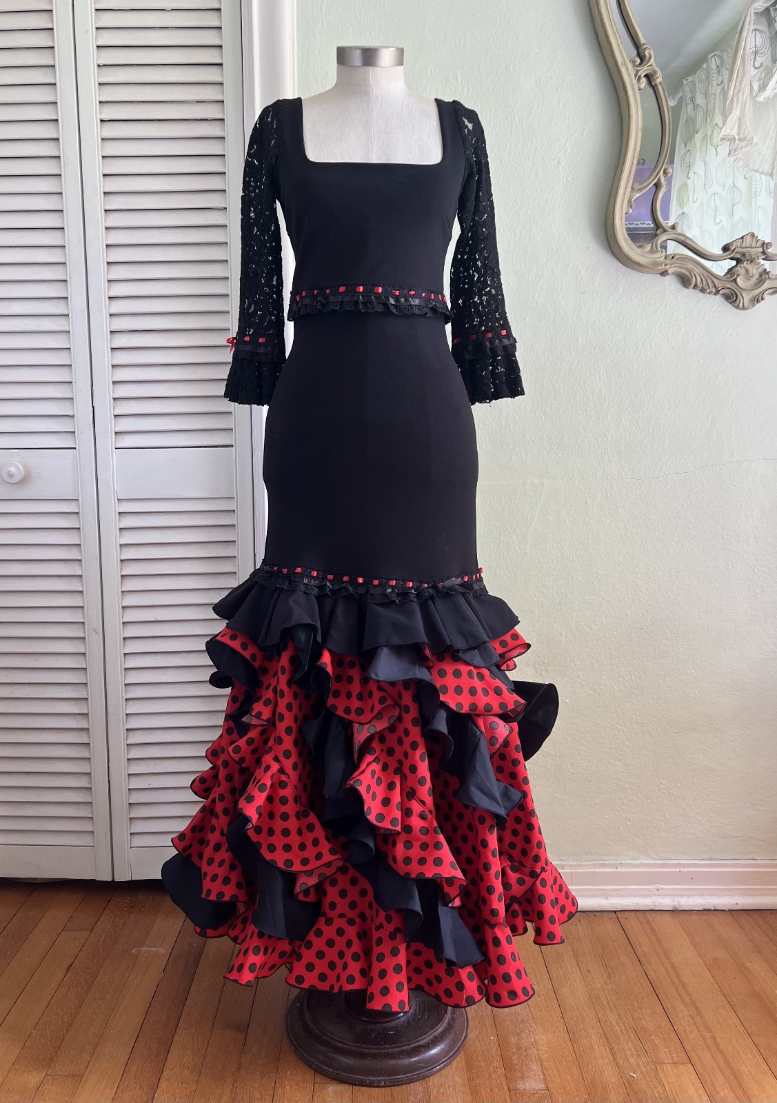 Authentic Flamenco Gypsy Dress Feria Spain Black Red Polka Dot Closet Creations