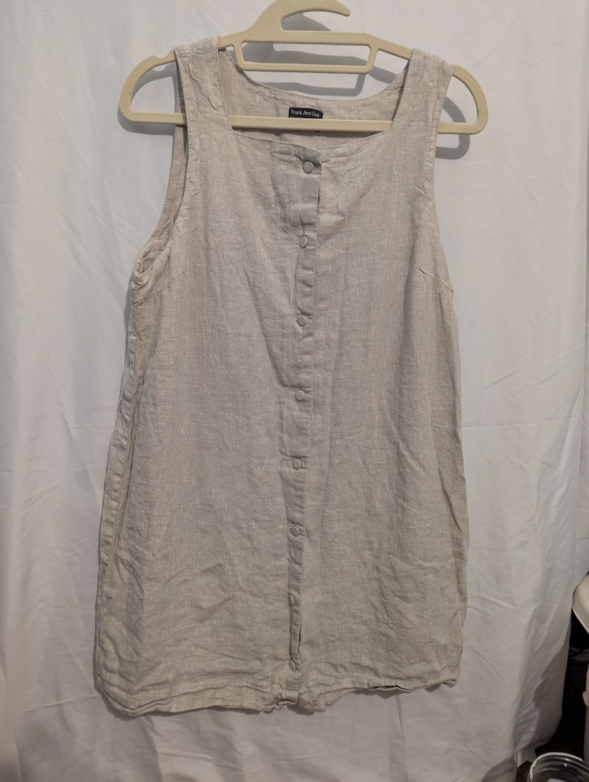 Sleeveless Linen Summer Dress or Jumper w/ Buttons, Beige, Cream, Ivory, Large