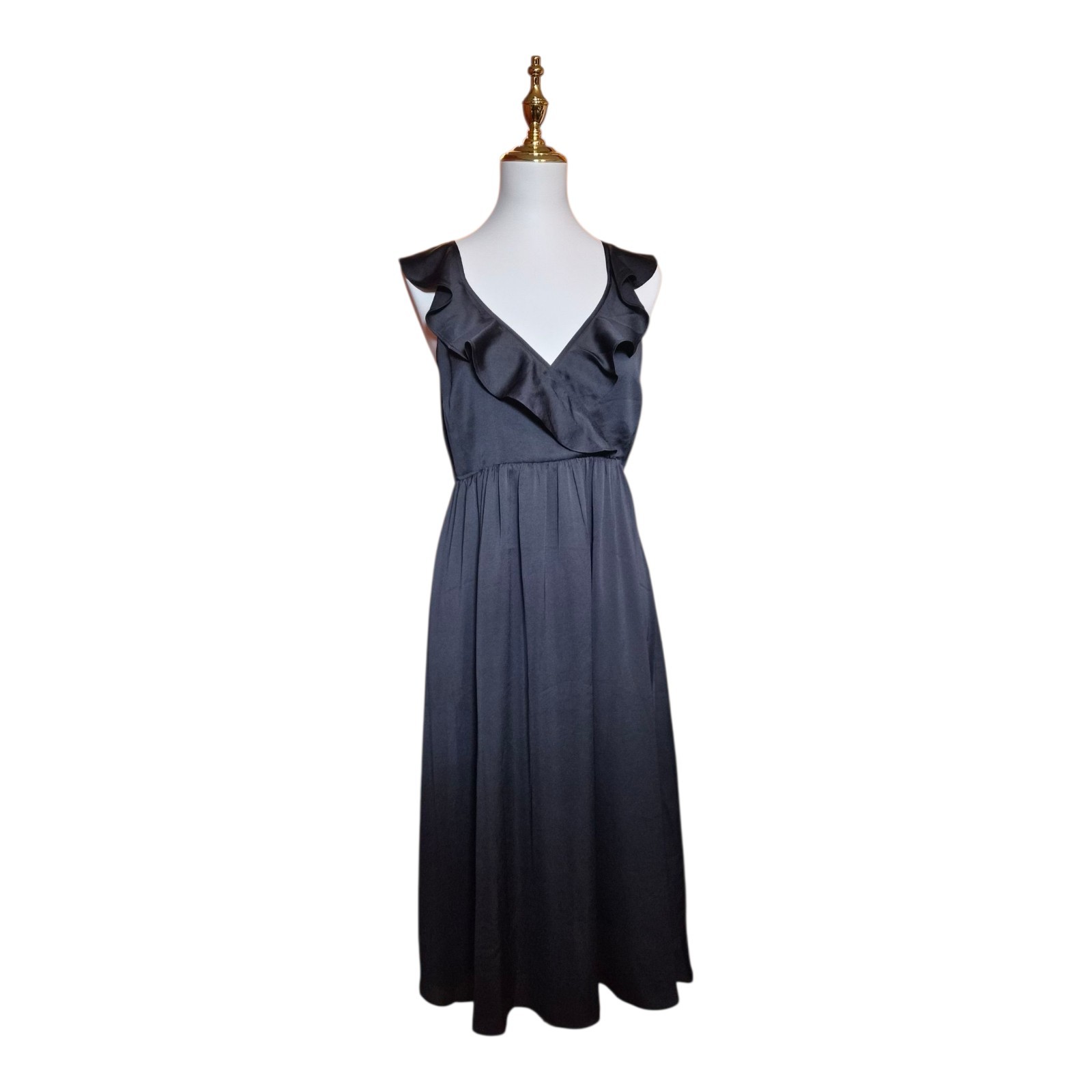 Madewell Ruffle Front Cross Back Midi Dress Black Women’s SZ 8 Retails $148 new