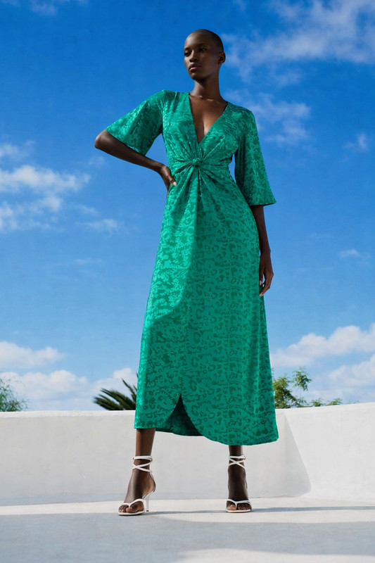 MISS SELFRIDGE Green Satin Jacquard Midi Dress Wrap Front Sz EU 36 UK 8 US 4