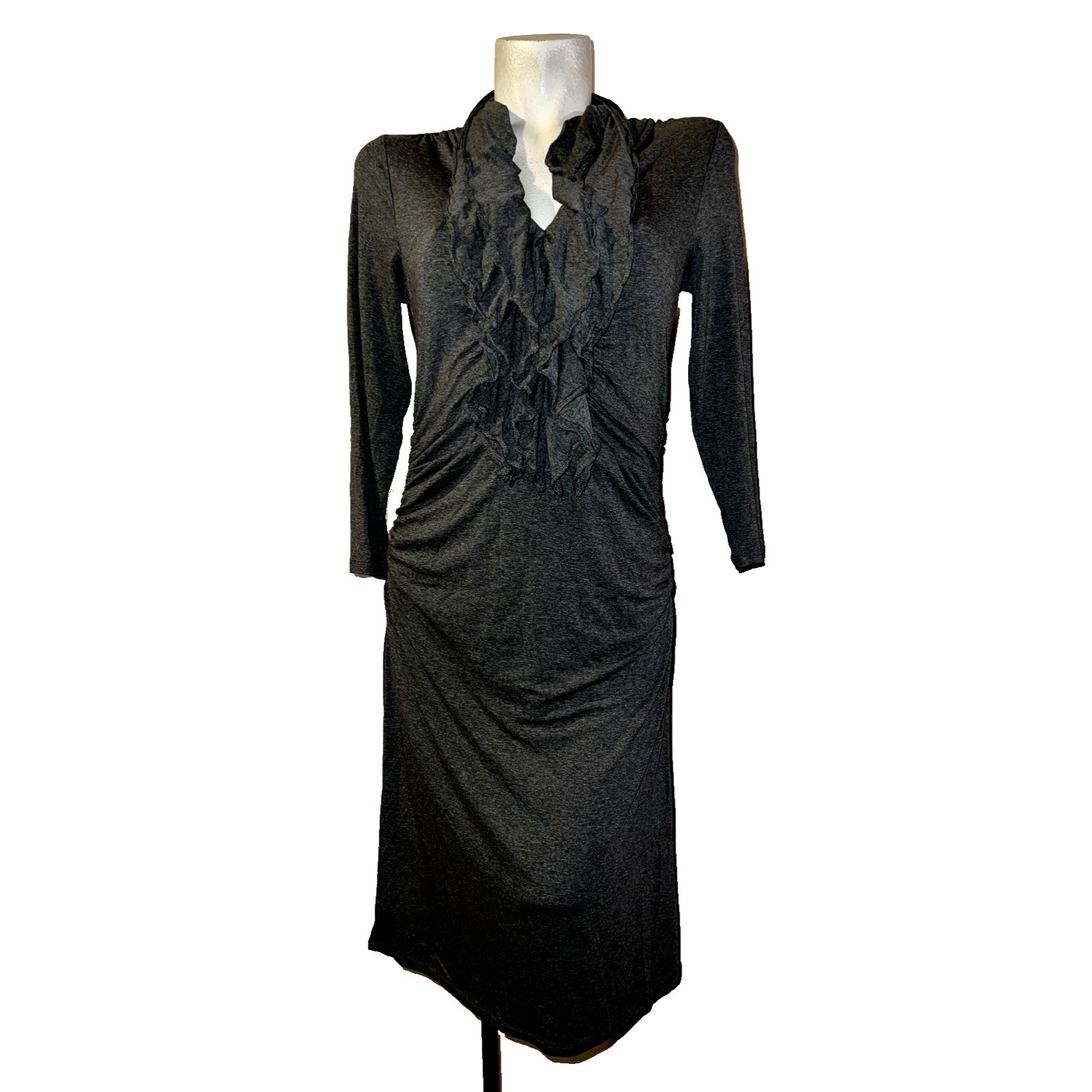 NWT Kenneth Cole New York Womens Grey Ruffle V-Neck Ruched Knit Dress Size M