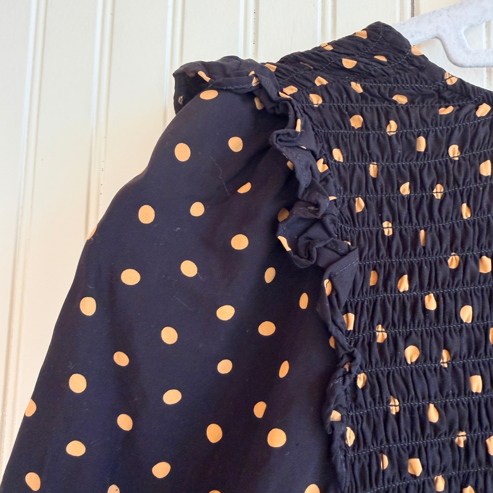 Madewell Smocked Ruffle Shoulder Mini Dress Black Gold Polka Dot Viscose Small