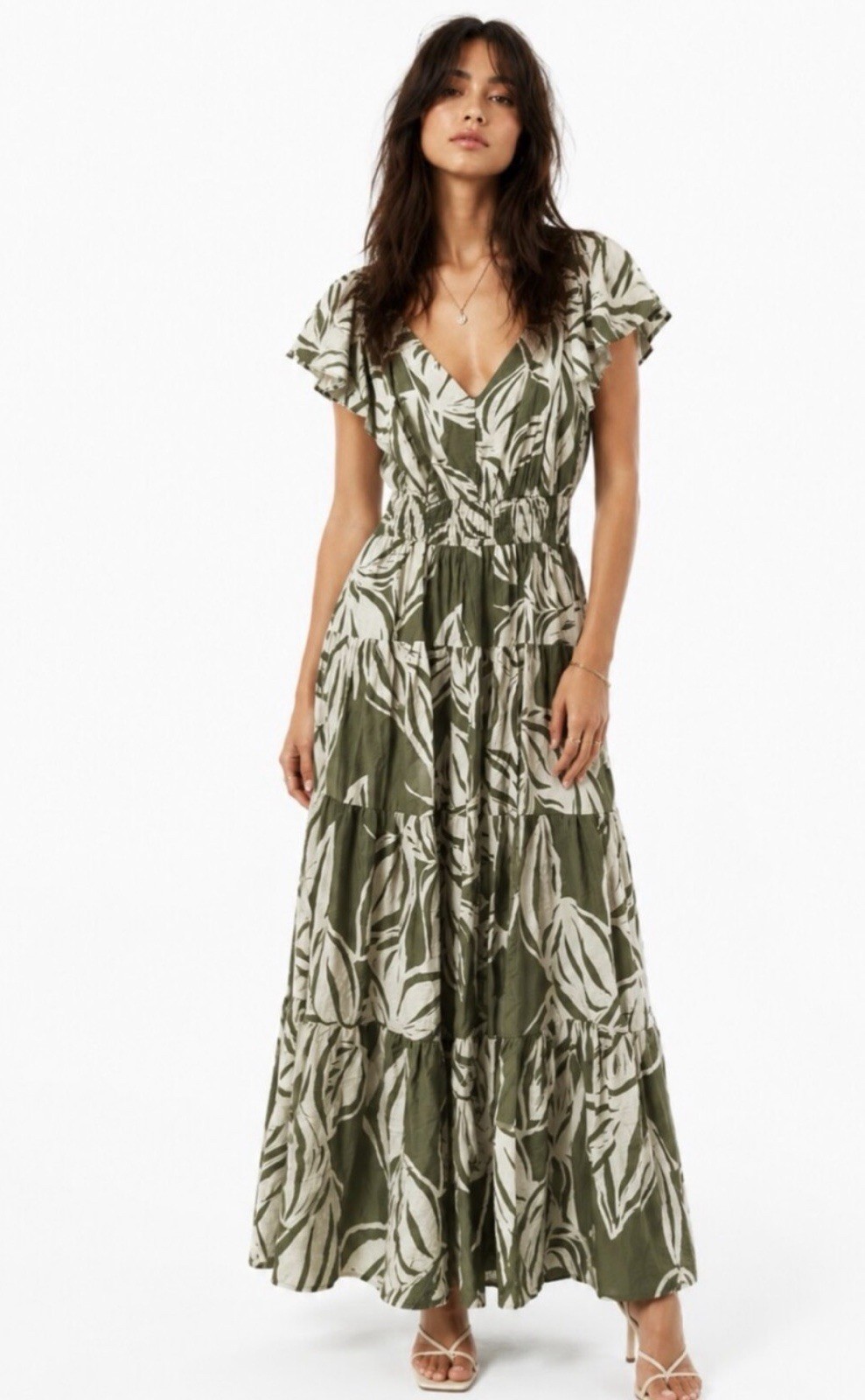 Rachel Zoe Women’s Green Tropical Leaf Print Maxi Dress Flutter Sleeve V-Neck