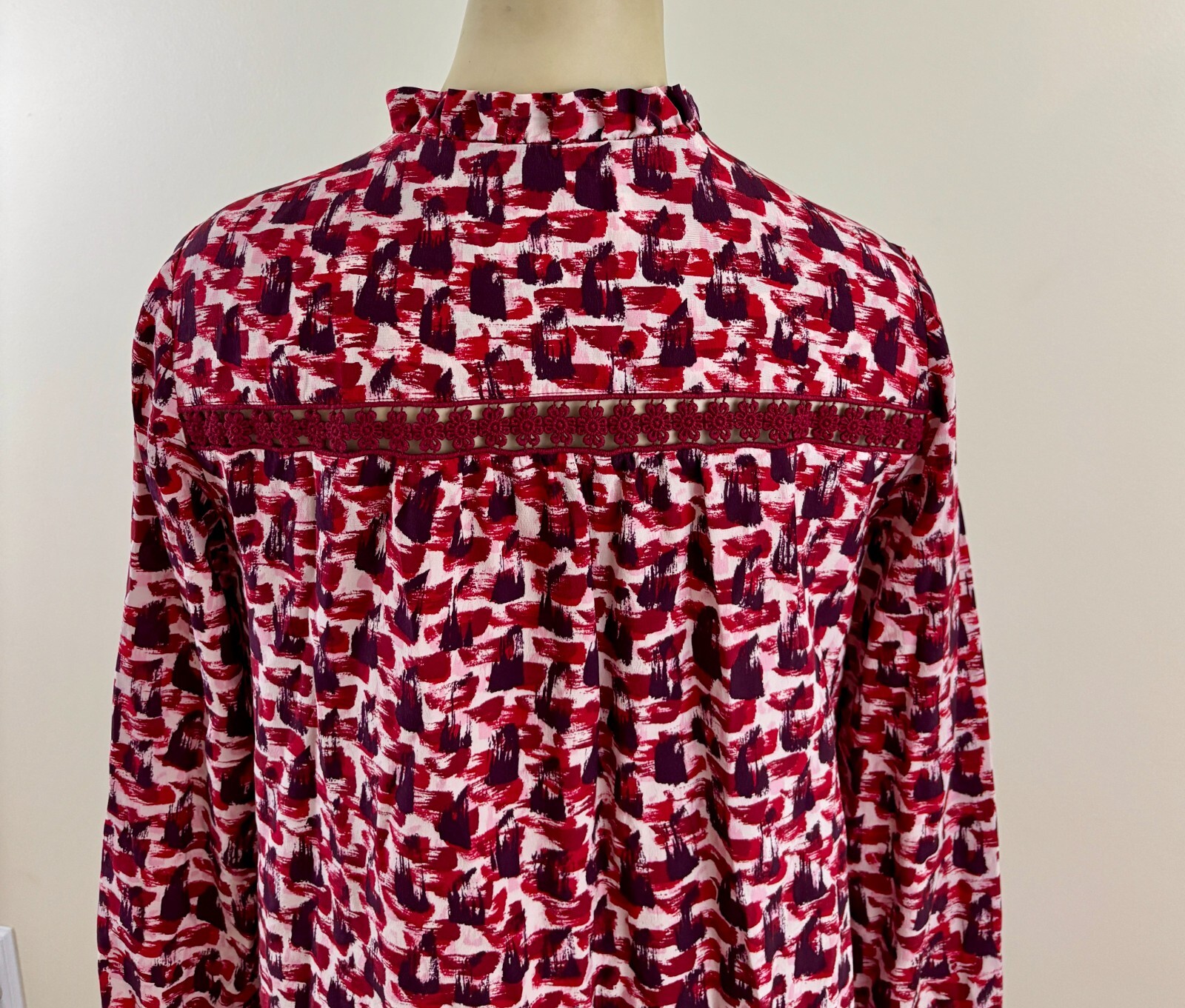 KATE SPADE Women XS Red Abstract Pintuck 100% Silk Floral Lace Long Sleeve Dress