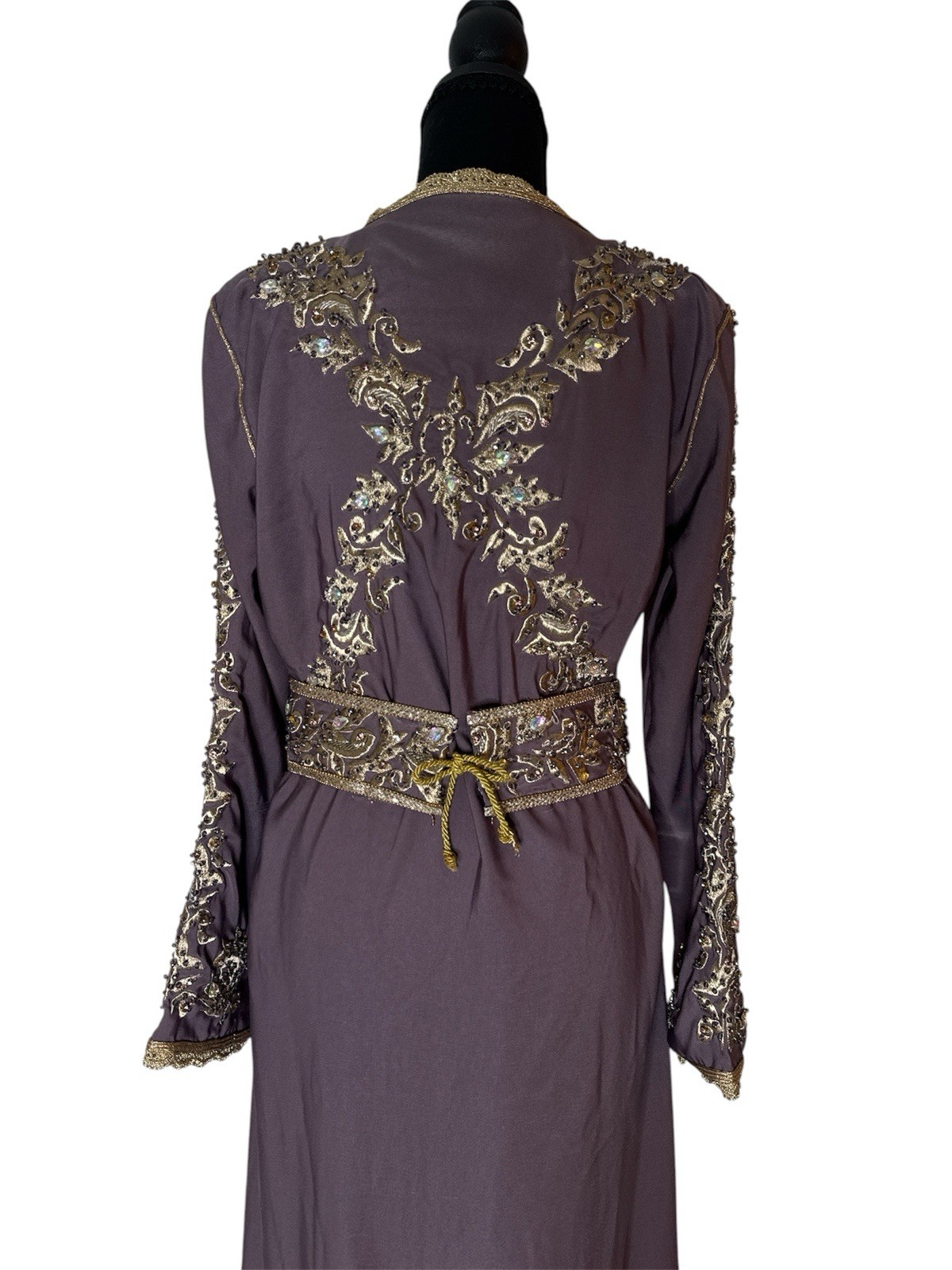 Embroidered Long Caftan Dress in Mauve with Gold Trim