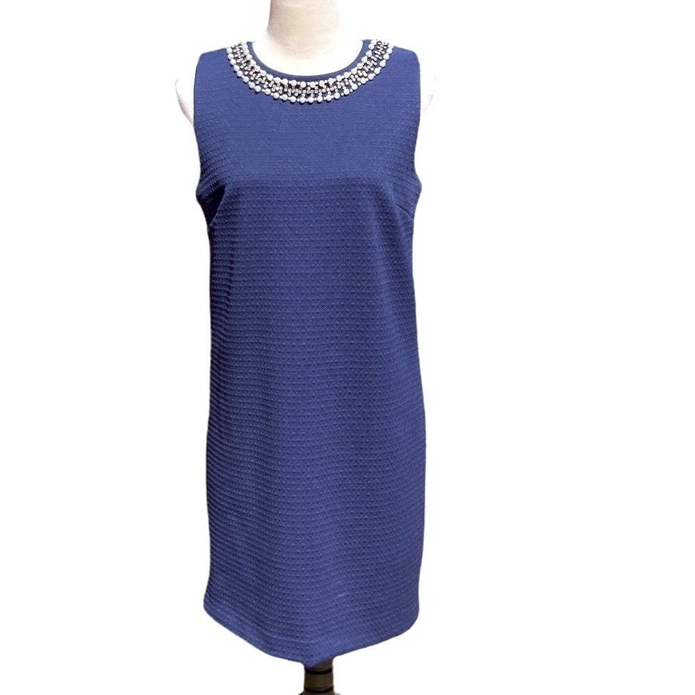 Adrienne Vittadini Blue Shift Dress w Faux Pearl & Rhinestone Embellishments