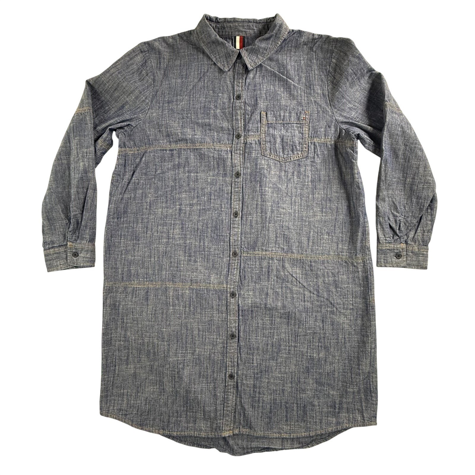 Tommy Hilfiger Shirt Dress Womens Large Blue Chambray Button Front Logo Casual