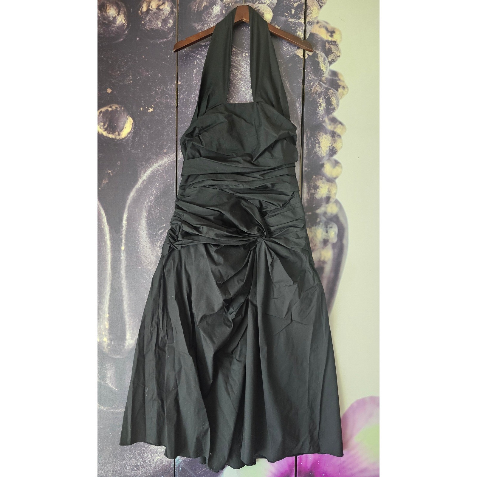 Carolina Herrera Black Halter Neck Midi Ruched Party Dress Size 10 TP01