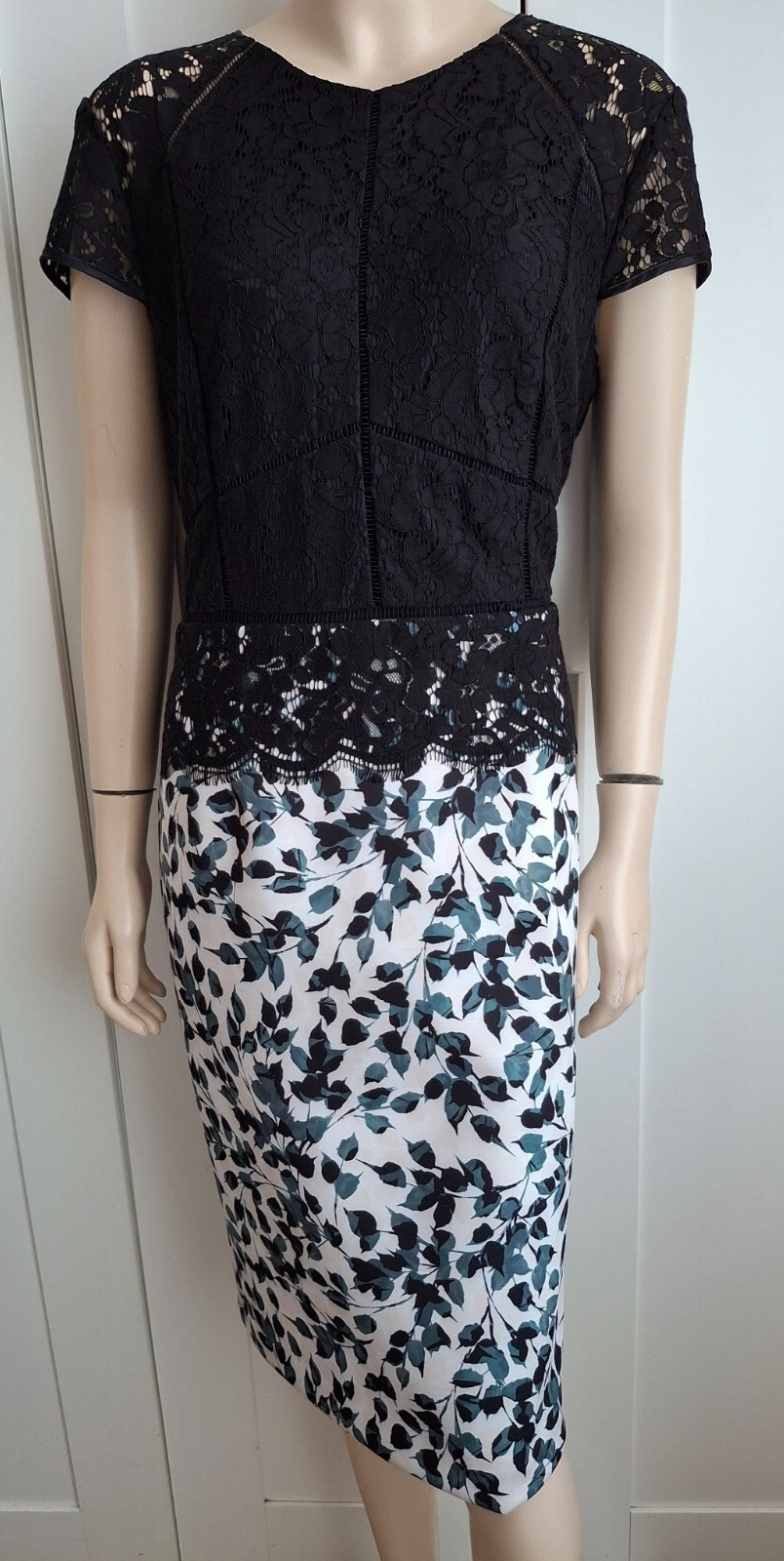 Phase Eight Dress Black Mix Lace Stretch Bodycon Fully Lined Size 16