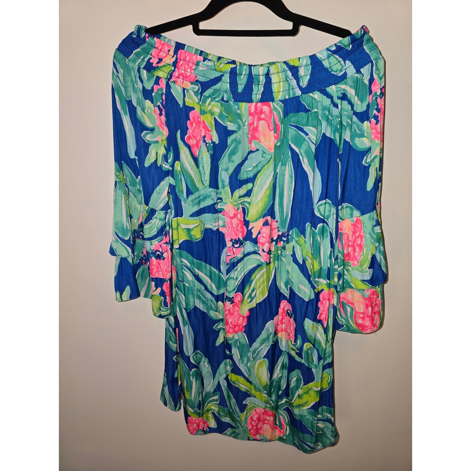 Lilly Pulitzer Hollee Dress Blue Floral Off Shoulder Ruffle Sleeve XS 27764