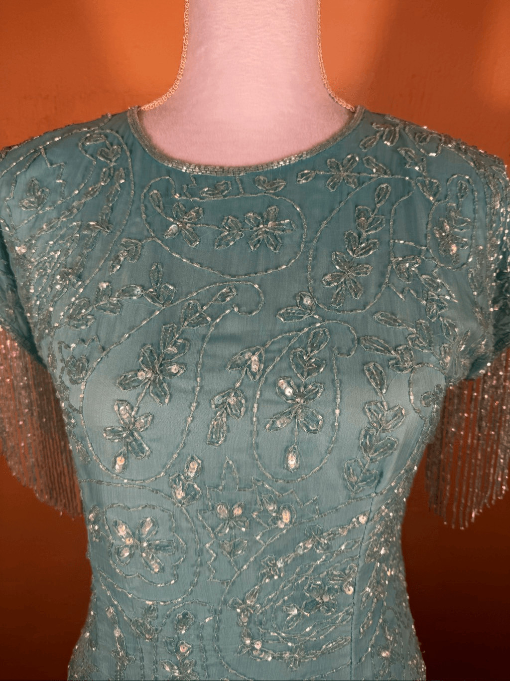 Vintage 1980s Aqua Blue Silk Beaded & Sequin Cocktail Dress Bead Fringe Sleeves