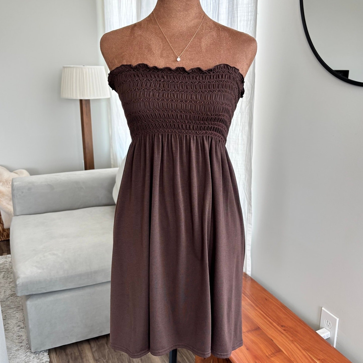 Vintage Swim n Sport Dress Medium Brown Strapless Smocked Y2K Resort Beach Cover