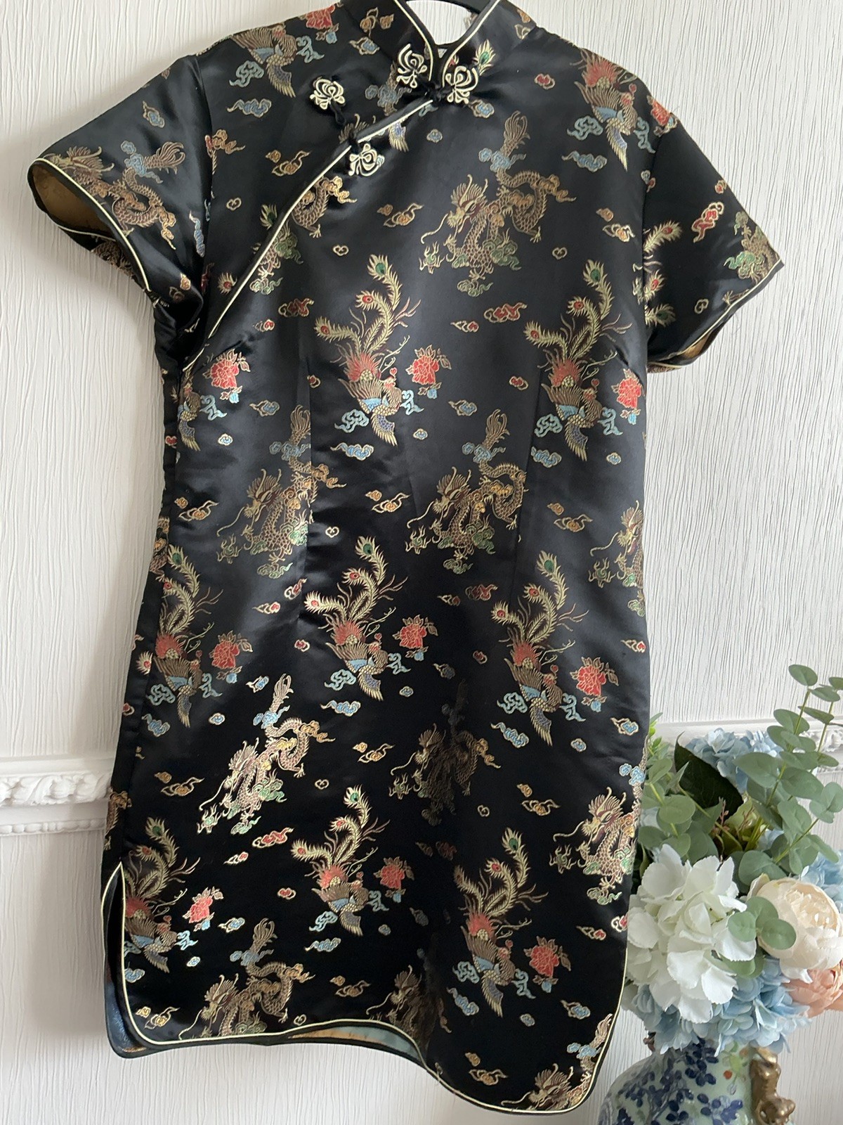 LADIES multi coloured CHINESE STYLE DRESS 40 bust 39”long stunning