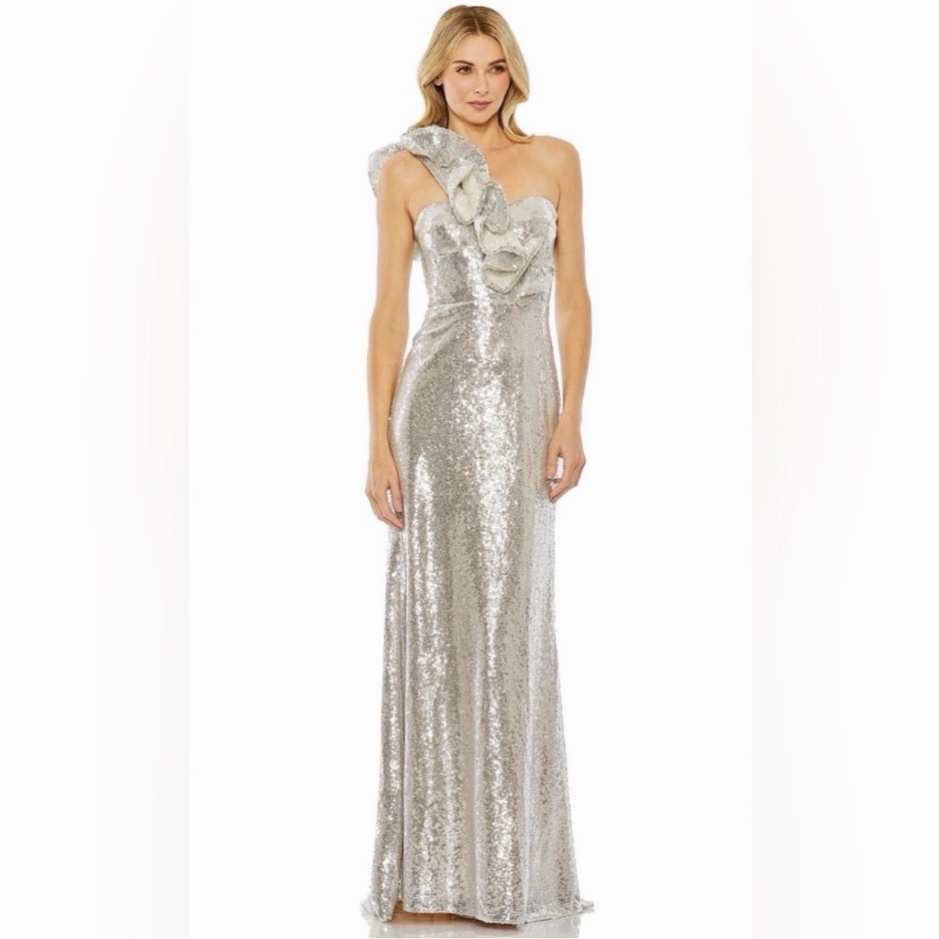 Mac Duggal Silver Sequin One-Shoulder Ruffle Long Maxi DressWomen’s Size 4 68513