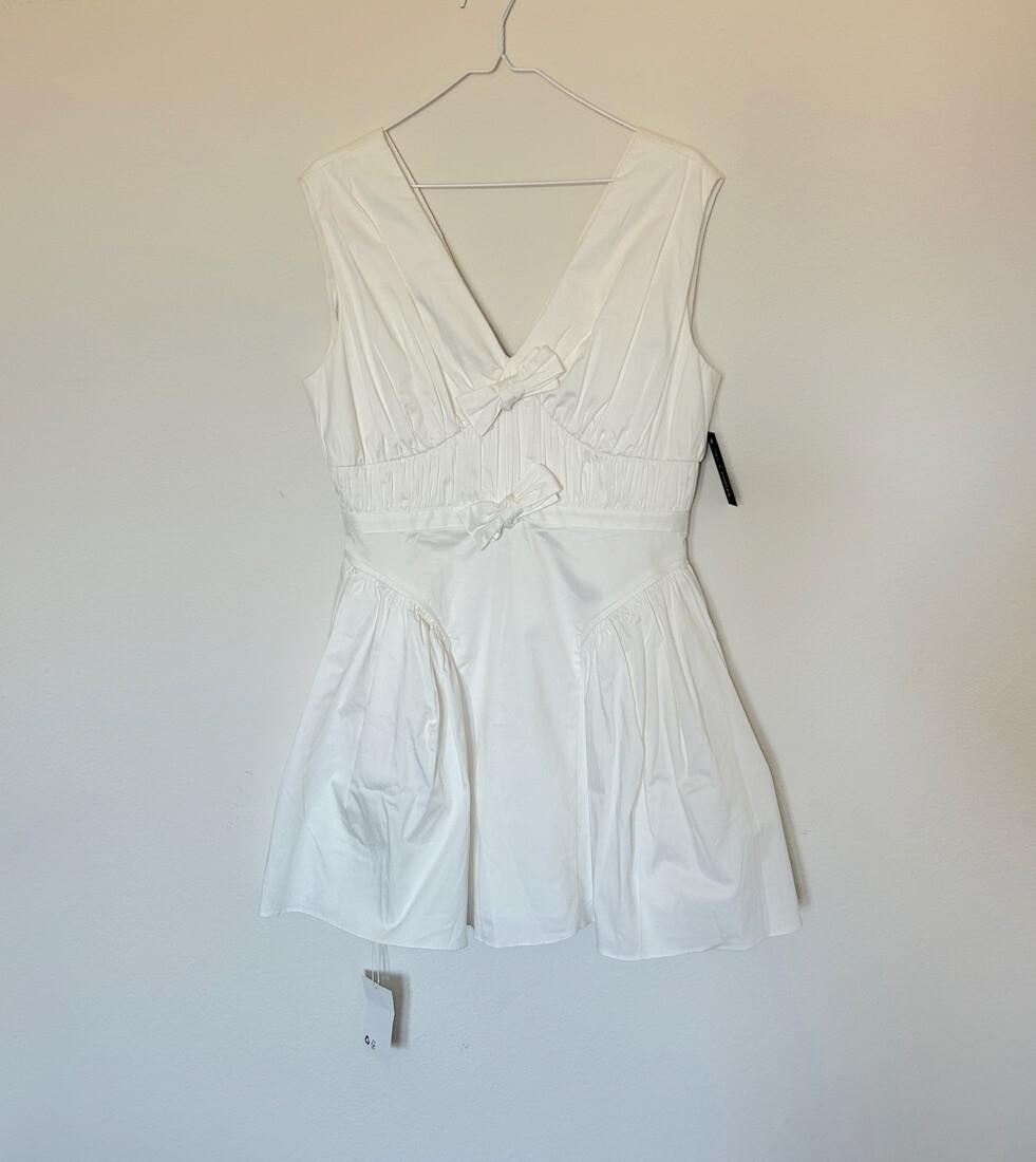 Self Portrait White Pleated Bow Mini Dress Size 8 NWT