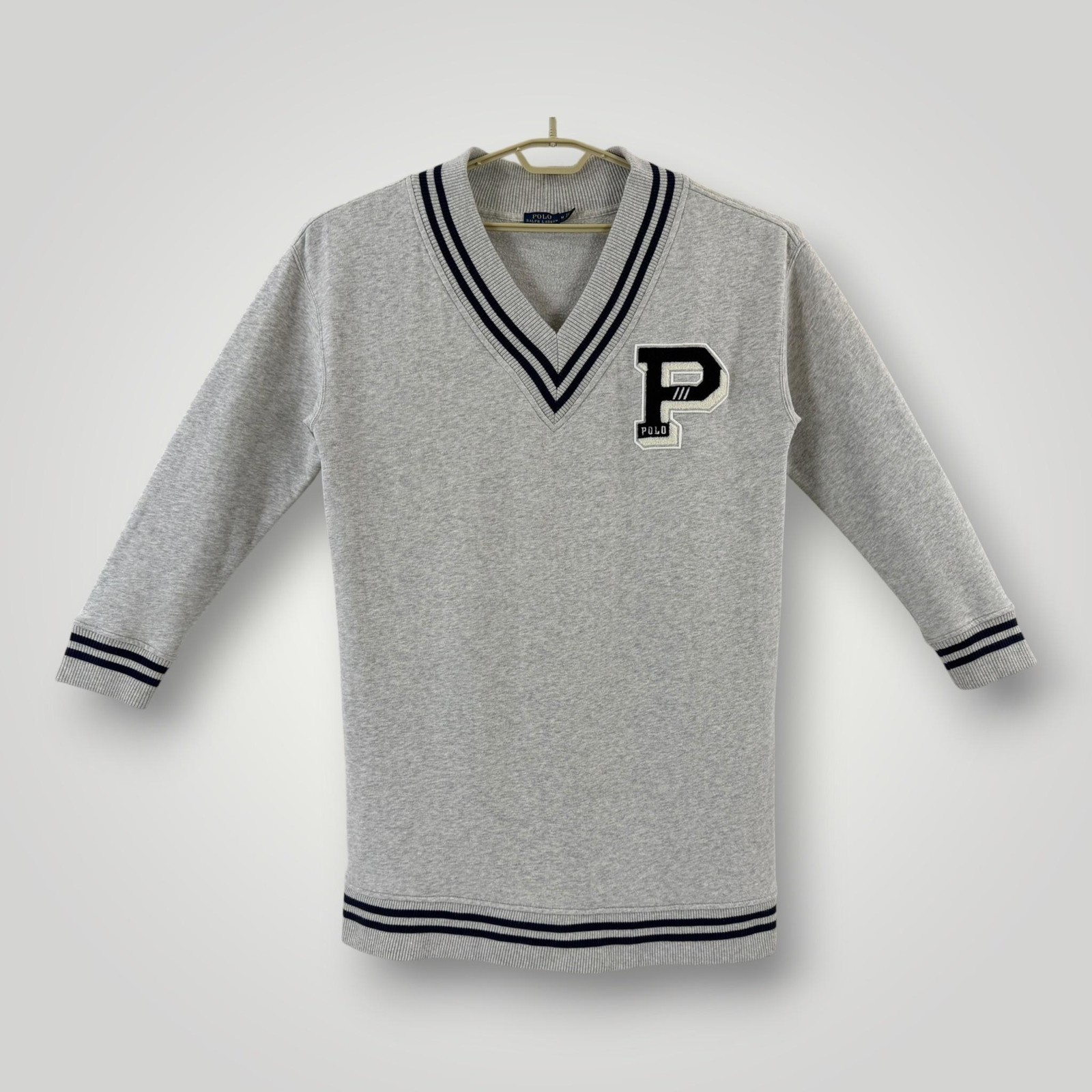 Polo Ralph Lauren Sweater Dress Womens M Gray V Neck Varsity P Patch Longline