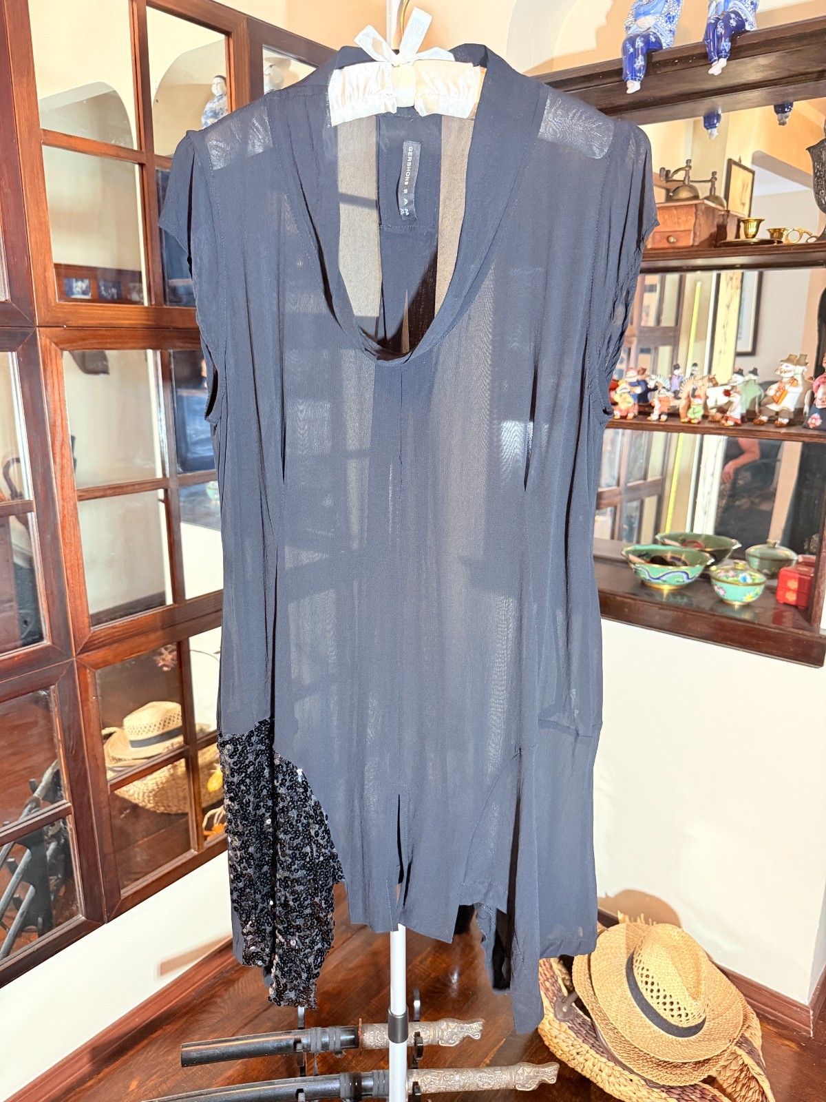 Gershon Bram Lagenlook Black Tunic Dress Sheer Chiffon Sequin Part Bottom Sz XL