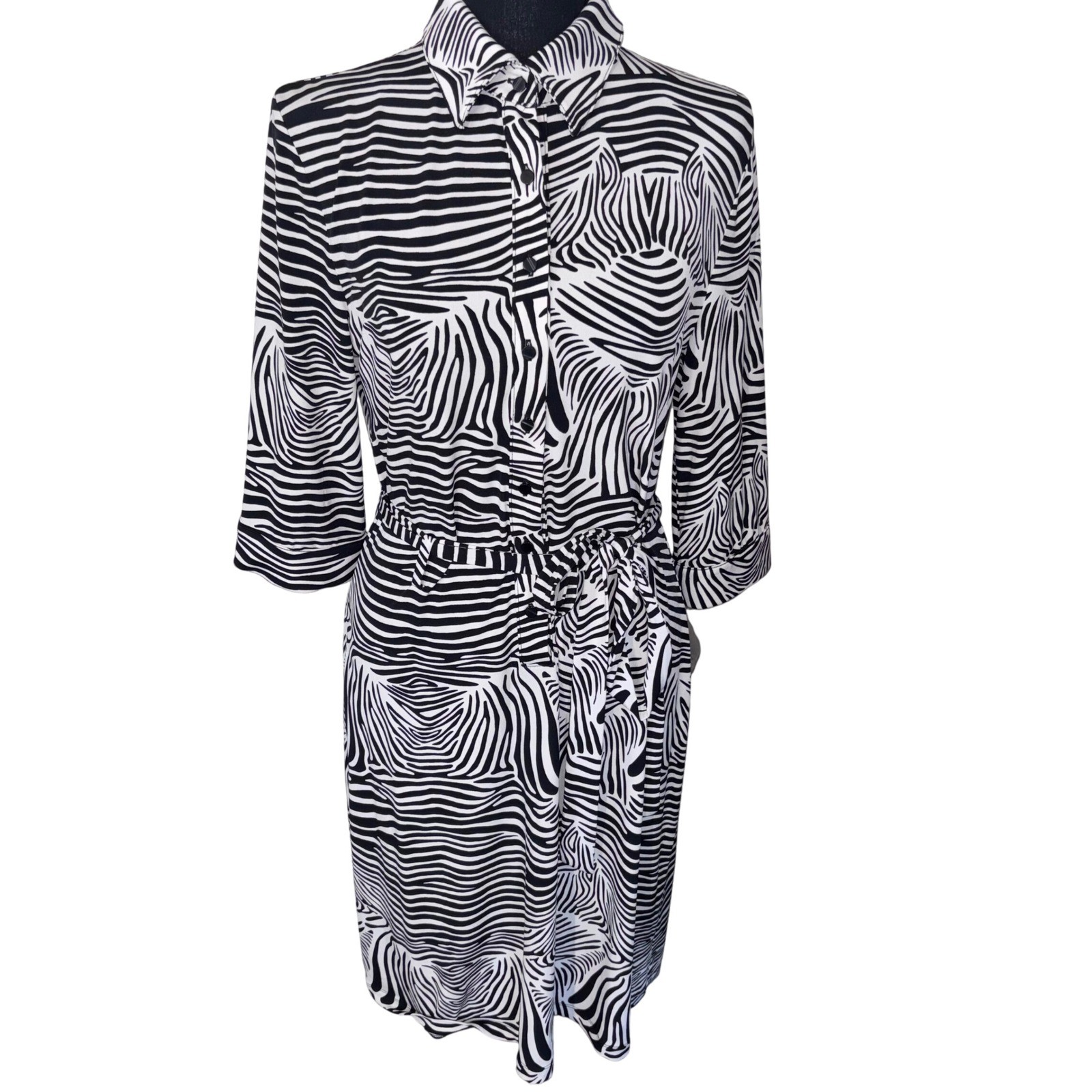 NWT Merona Women Medium Black White Zebra Print Tie Shirt Dress Office Chic
