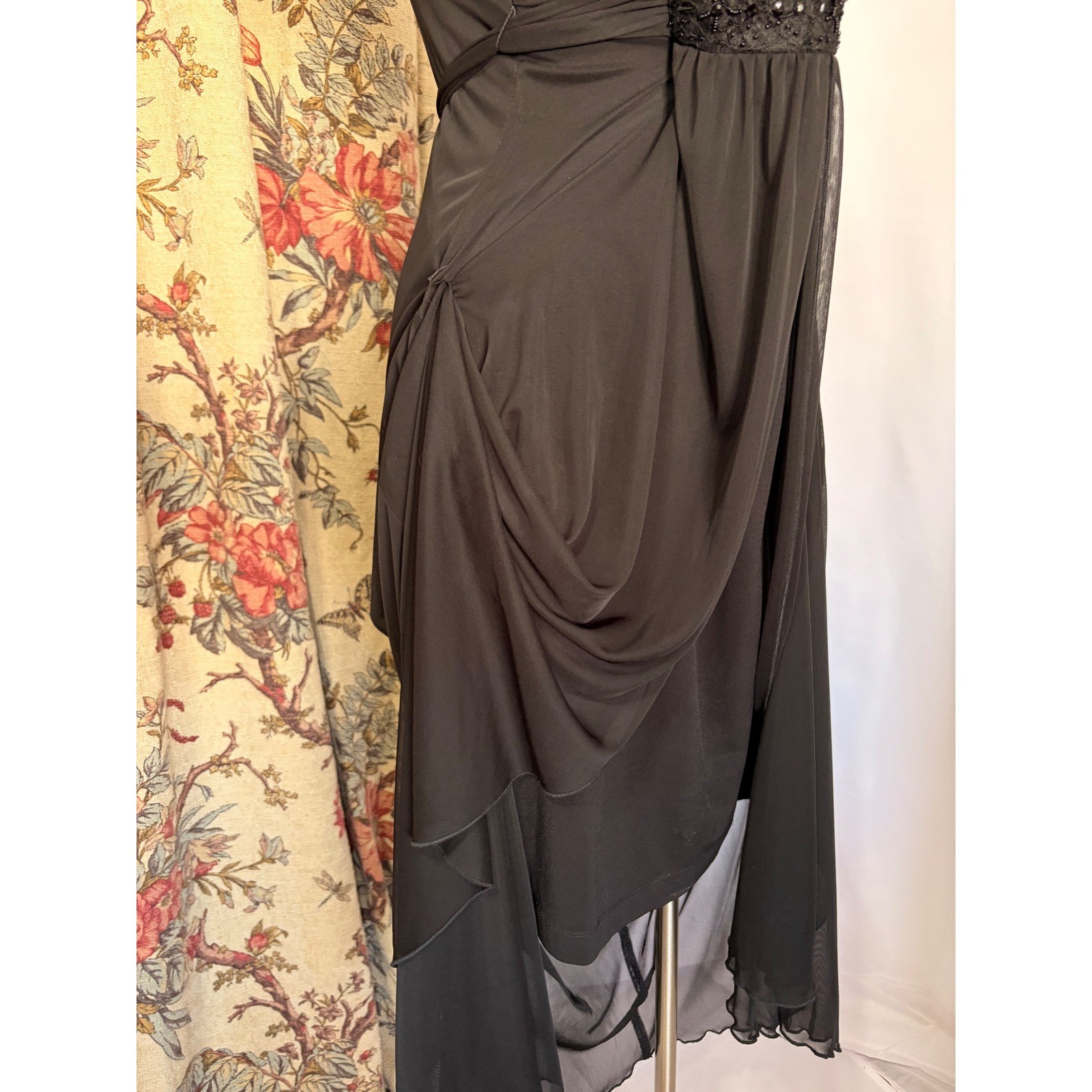 Connected Apparel Gorgeous flowy black gown with draping and beaded detailing