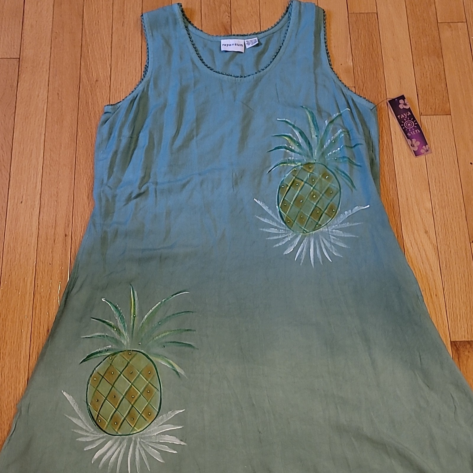 Raya Sun Blue/Green Pineapple Print Maxi Dress L Sleeveless Drawstring