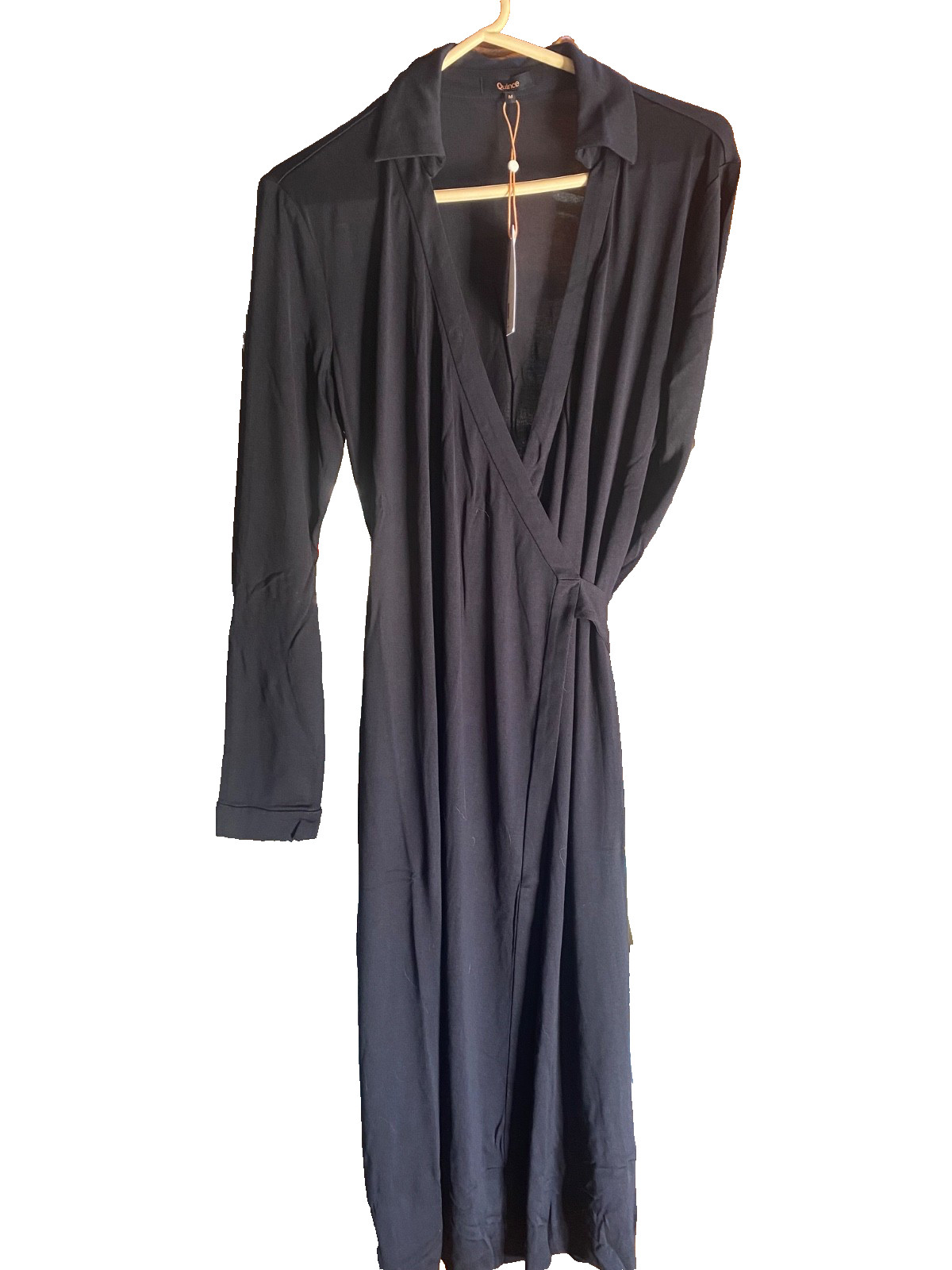 Quince 100% Silk Jersey Midi Wrap Dress Black Long Sleeve Collared Medium