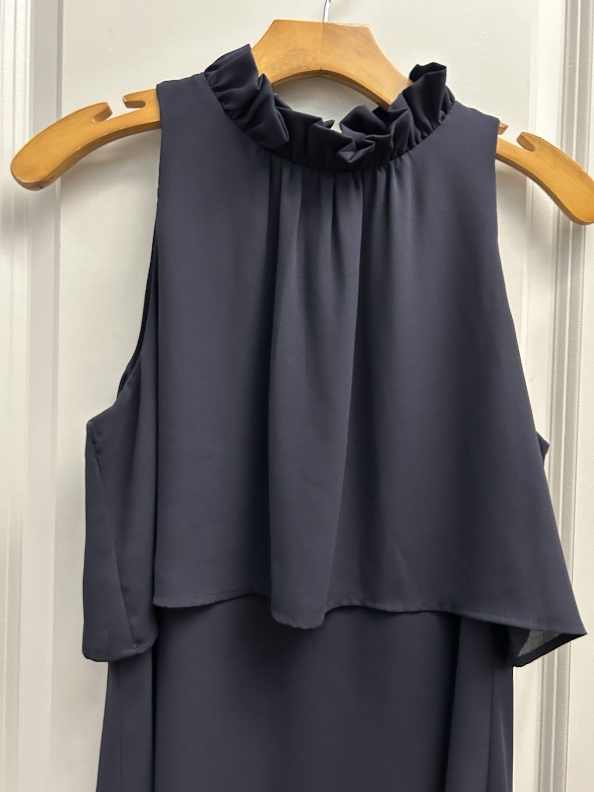 Veronica M Navy Solid Mock Ruffle Neck Sleeveless Layered Mini Shift Dress M