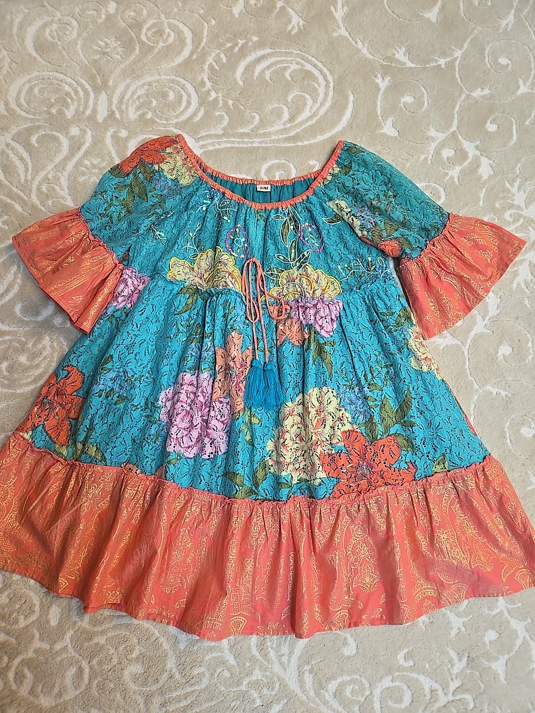 NWOT Boho Embellished Colorful Beaded And Sequin Ruffle Details Mini Dress S/M