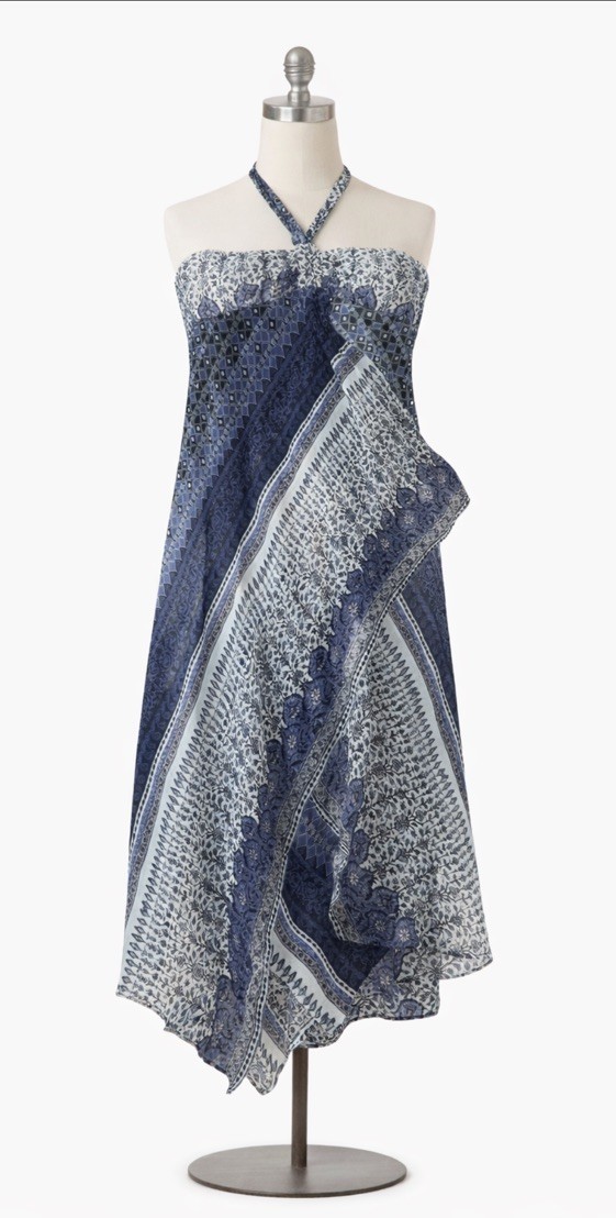 BCBG Paris Halter floral-print Blue/Ivory dress Boho Y2K handkerchief hem size 6